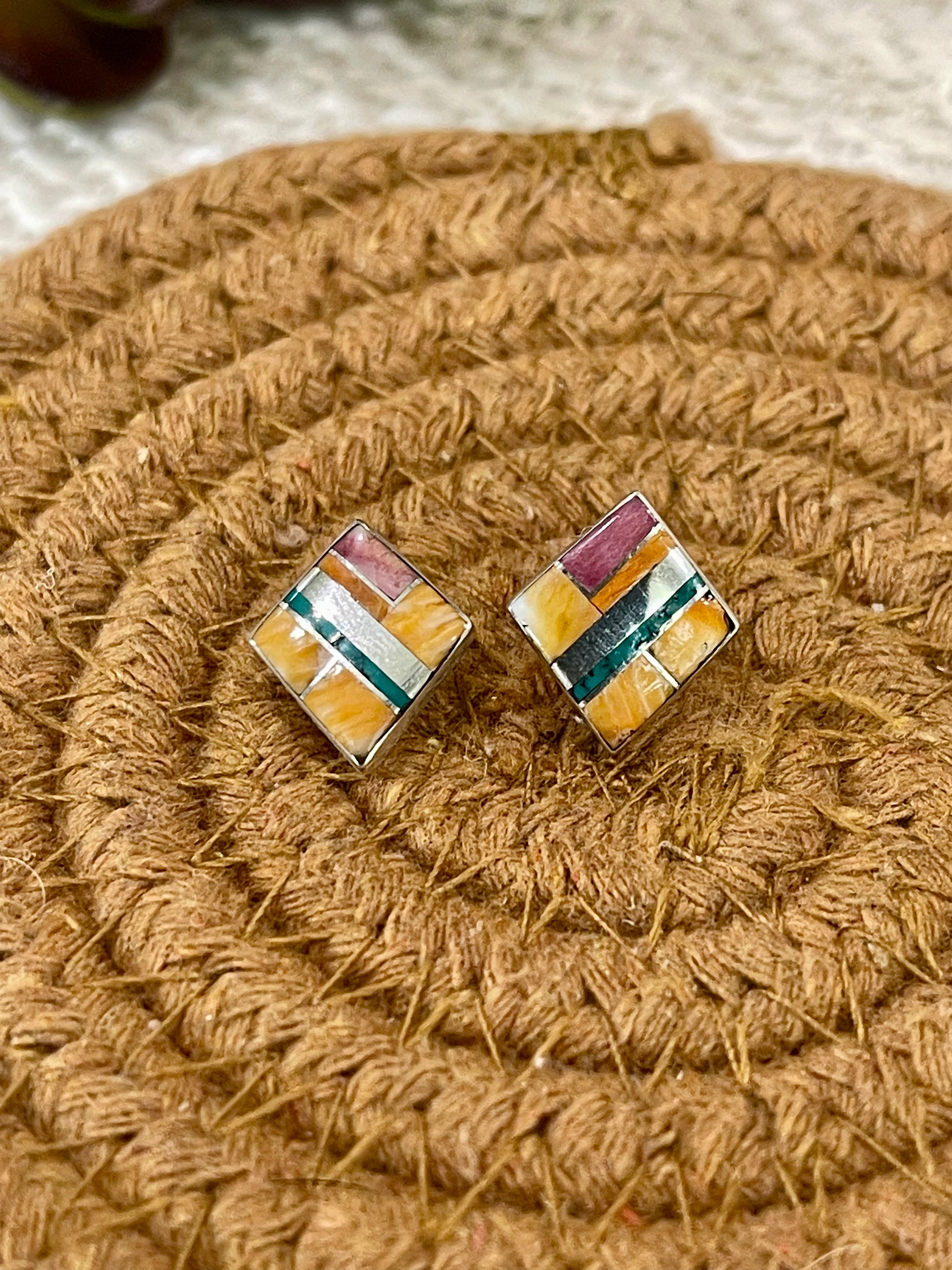 Beautiful Handmade Sterling Silver & Multi Stone Inlay Stud Earrings