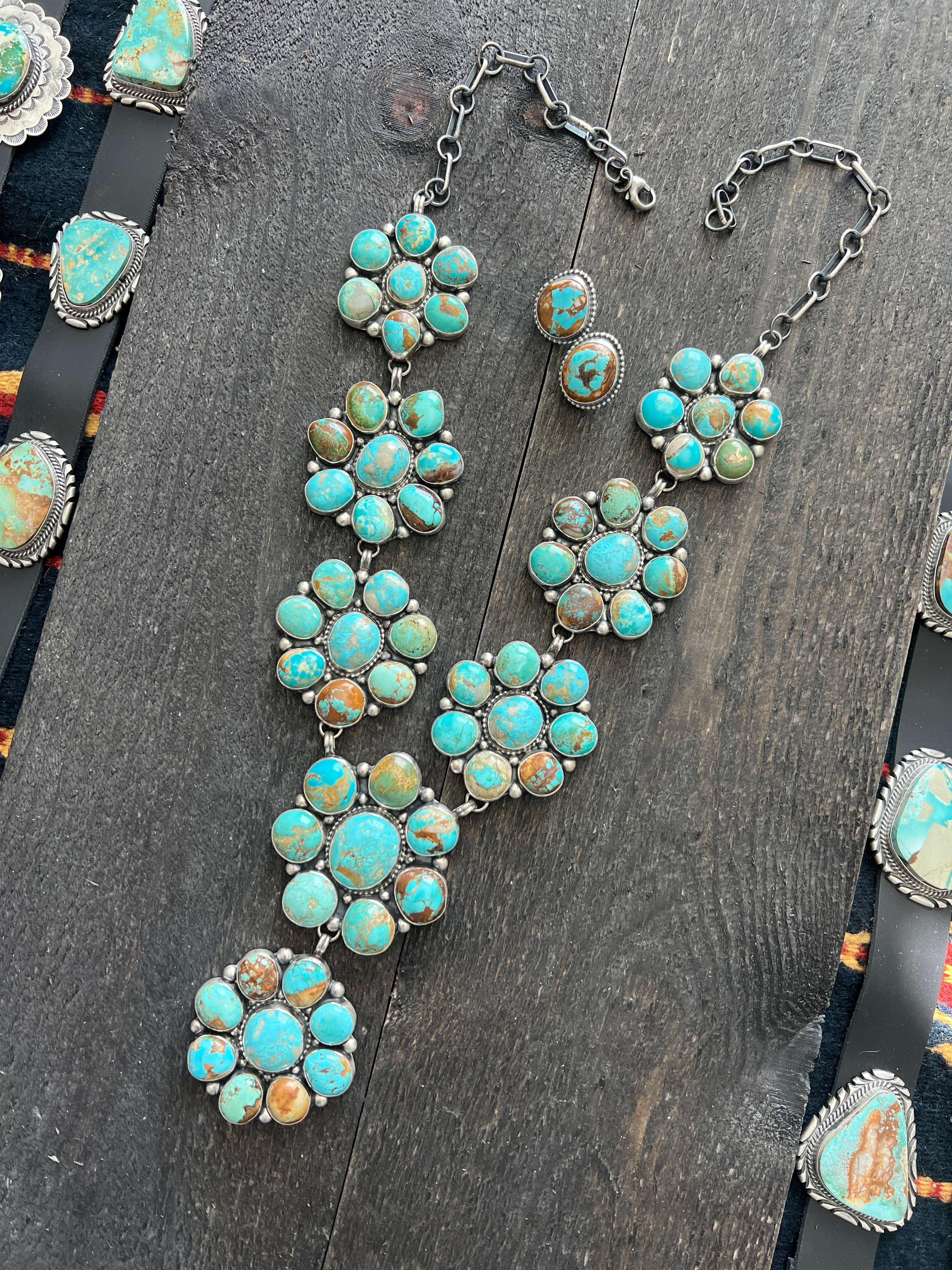 Handcrafted Big Mama Sterling Silver and Royston Turquoise Cluster Necklace with Matching Earrings by Sheila Becenti