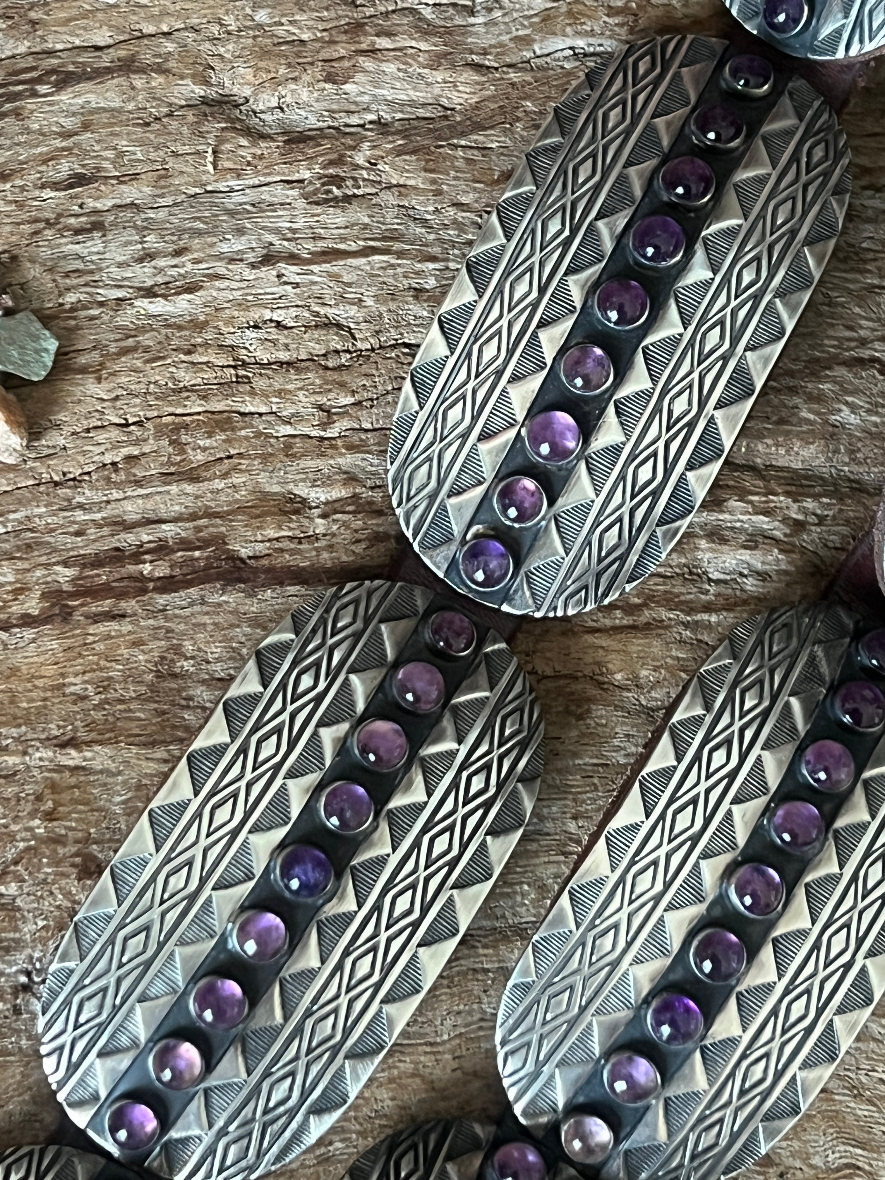 Stunning Old Pawn Handcrafted Sterling Silver and Amethyst Concho Belt by Seth Brown, Taos