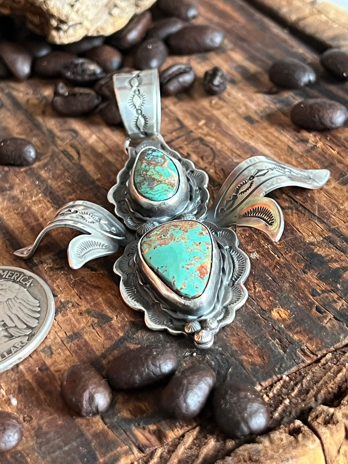 Handcrafted Kimari Somers Sterling Silver and Turquoise Winged Bug Pendant