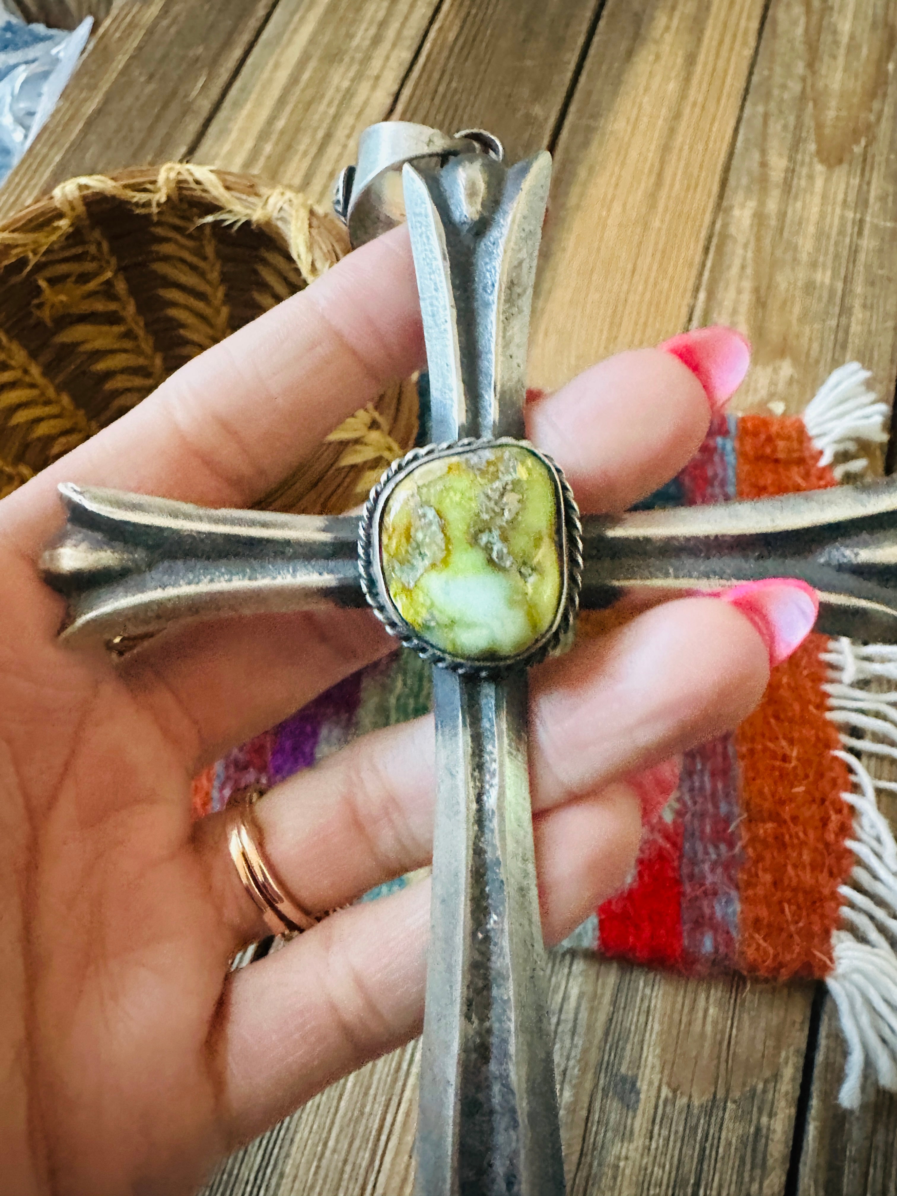 Handcrafted Carico Lake Turquoise & Sterling Silver Cross Pendant by Chimney Butte
