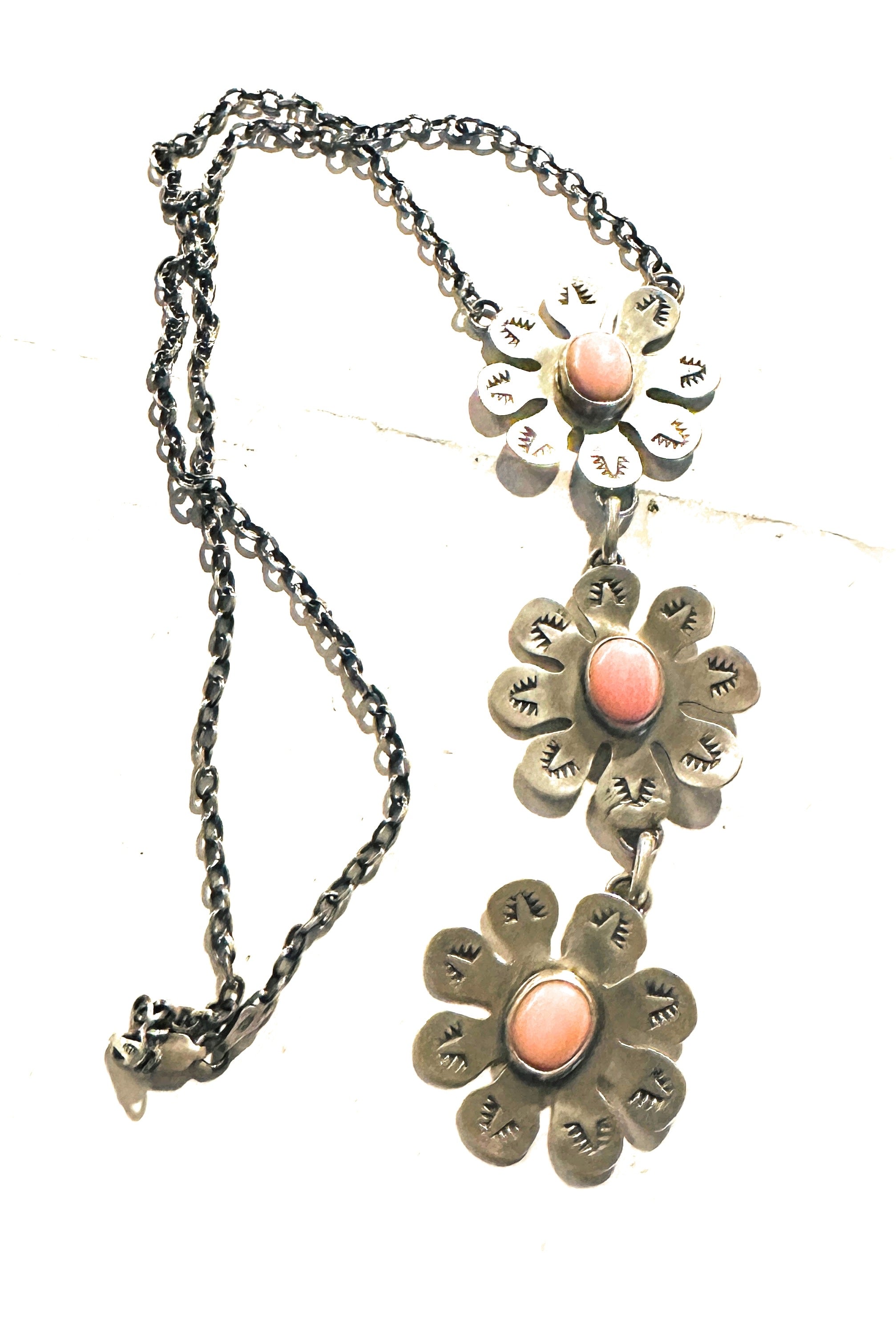 Handcrafted Sterling Silver & Queen Pink Conch Shell Flower Lariat Necklace