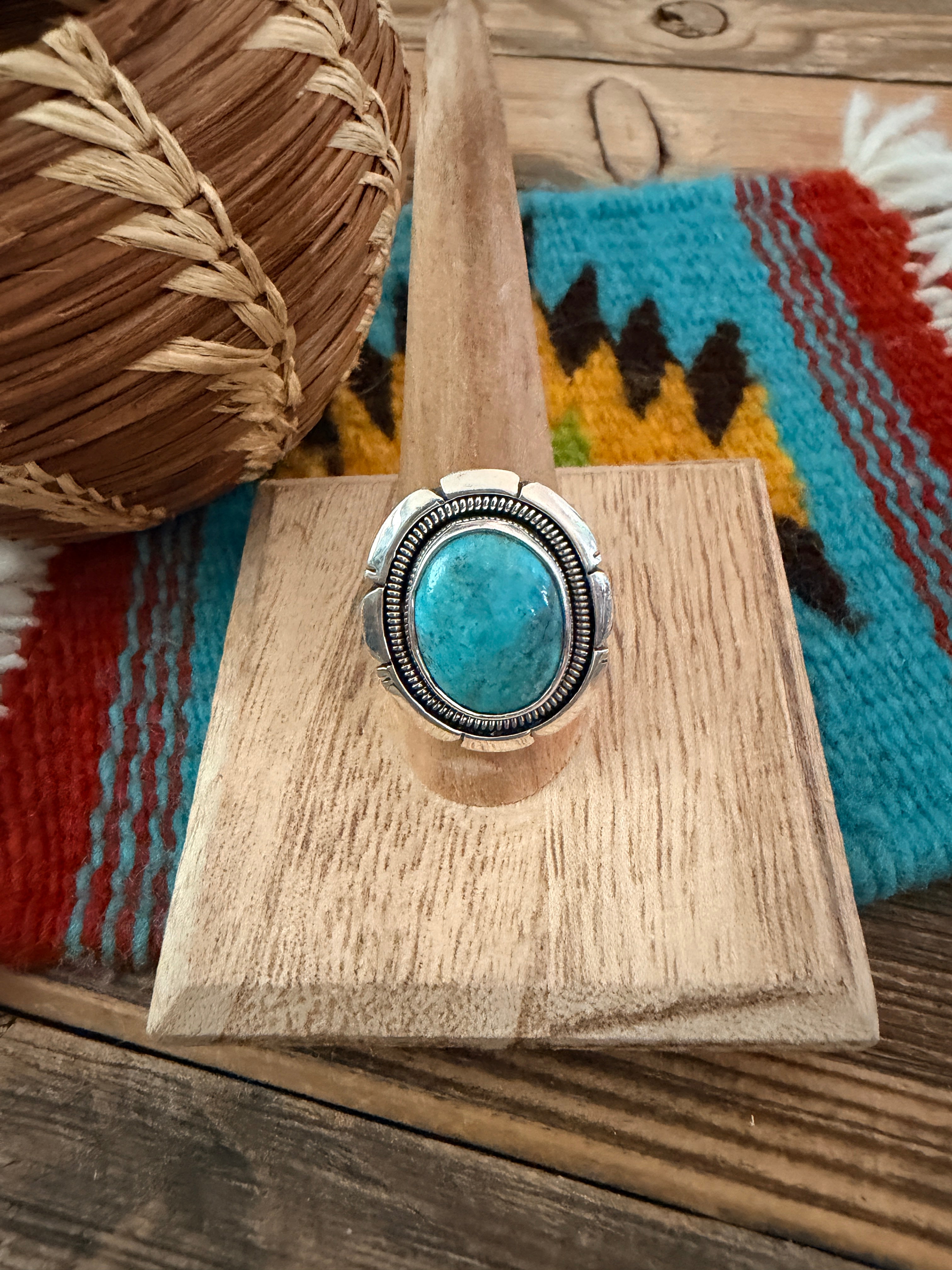 Handcrafted Turquoise & Sterling Silver Ring Size 9 by Wydell Billie