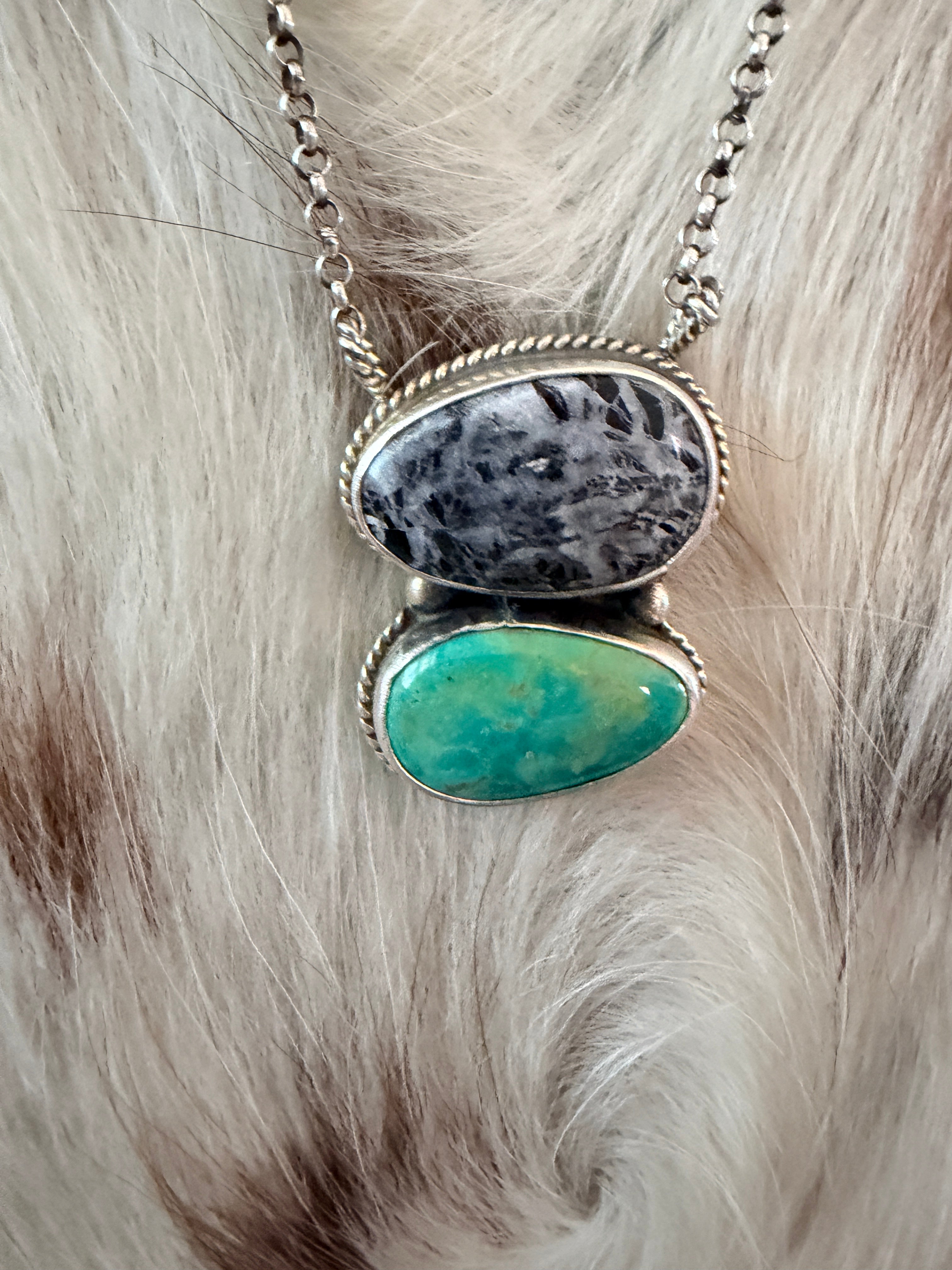 Handmade Sterling Silver, White Buffalo & Tyrone Turquoise Necklace
