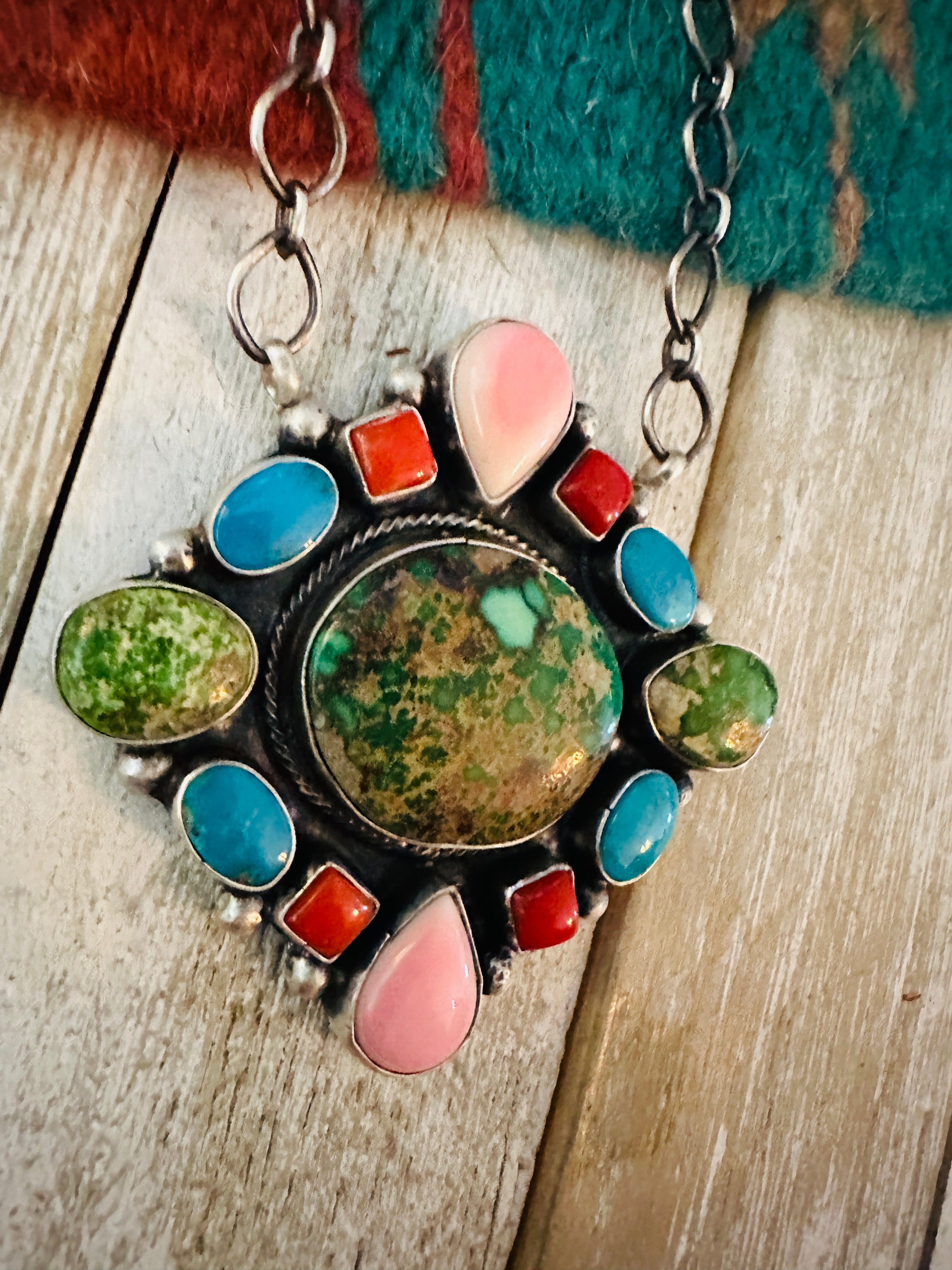 Navajo Sterling Silver & Multi Stone Cluster Necklace