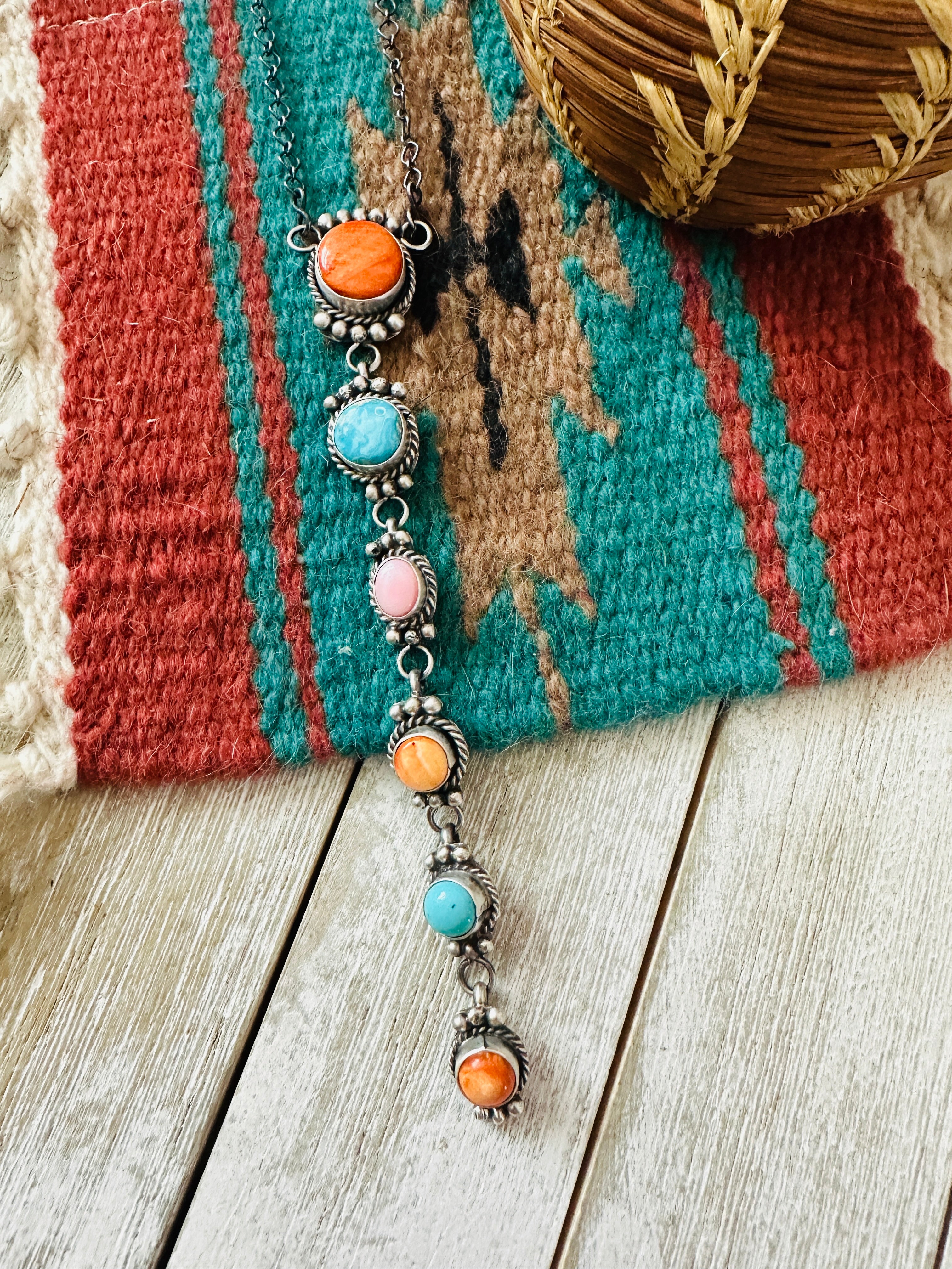 Handcrafted Sterling Silver & Multi Stone Lariat Necklace