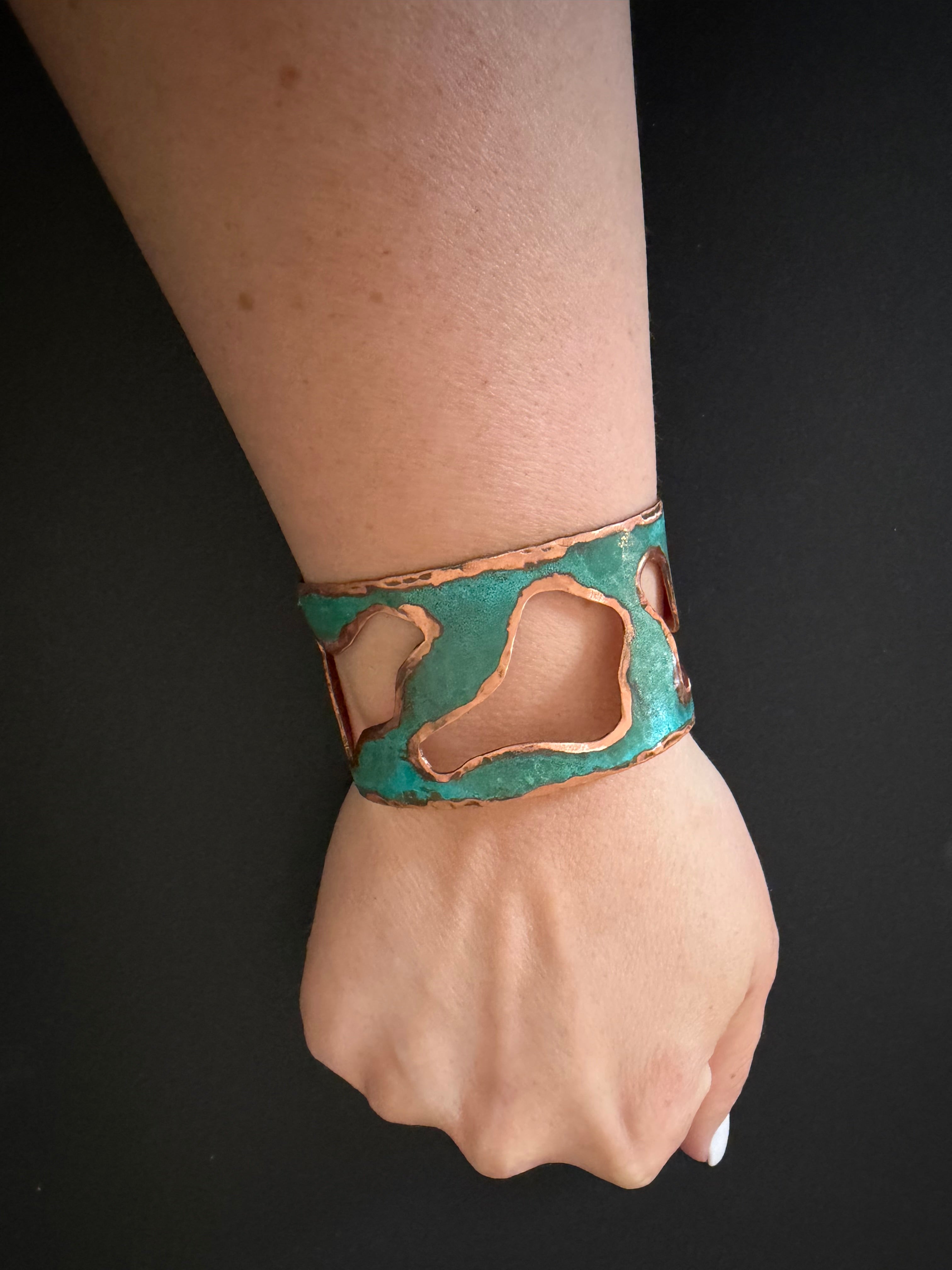 Sterling-Oxidized Lacquer Copper & Turquoise Lake Cuff Bracelet 1.5"
