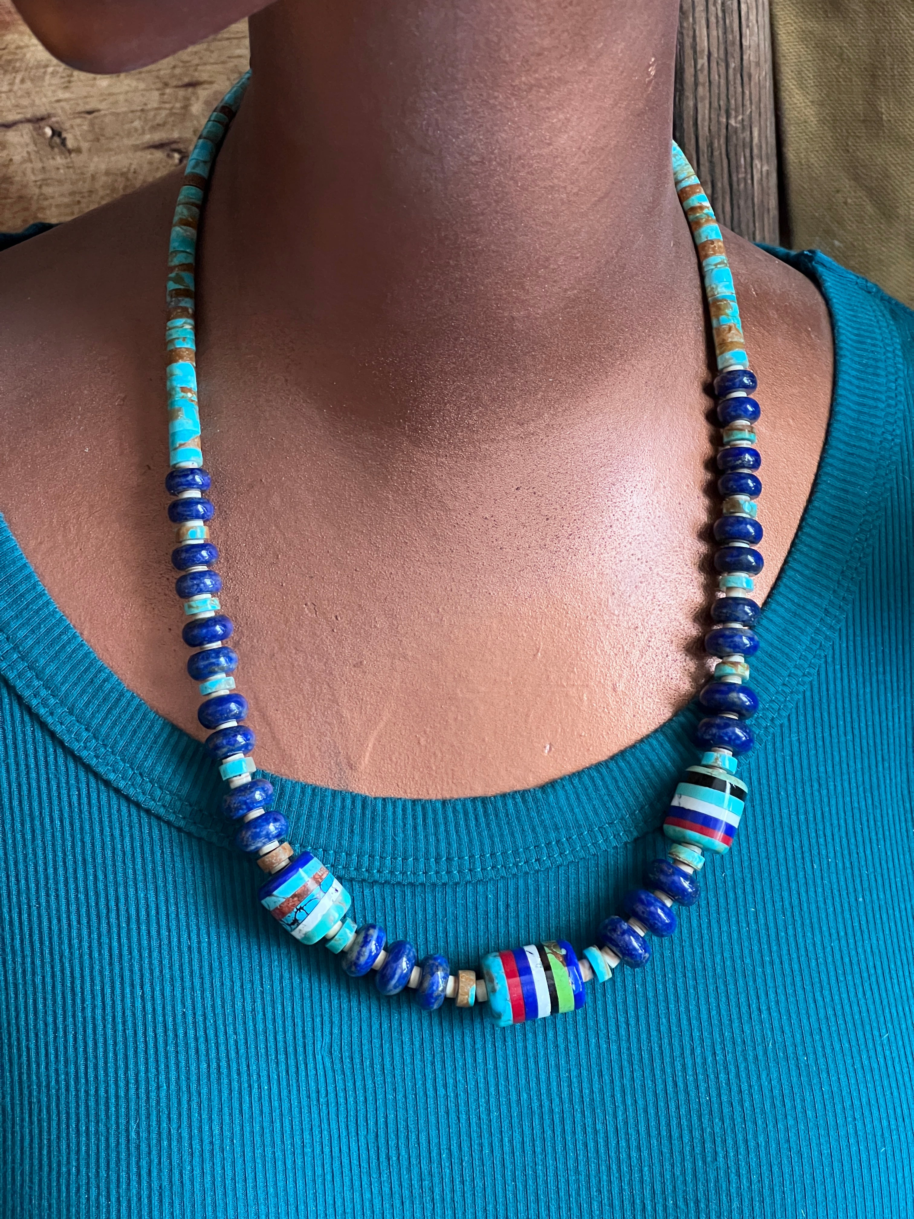 Ronald Chavez Handcrafted Multistone Beaded Santo Domingo Necklace with Lapis Rondelles