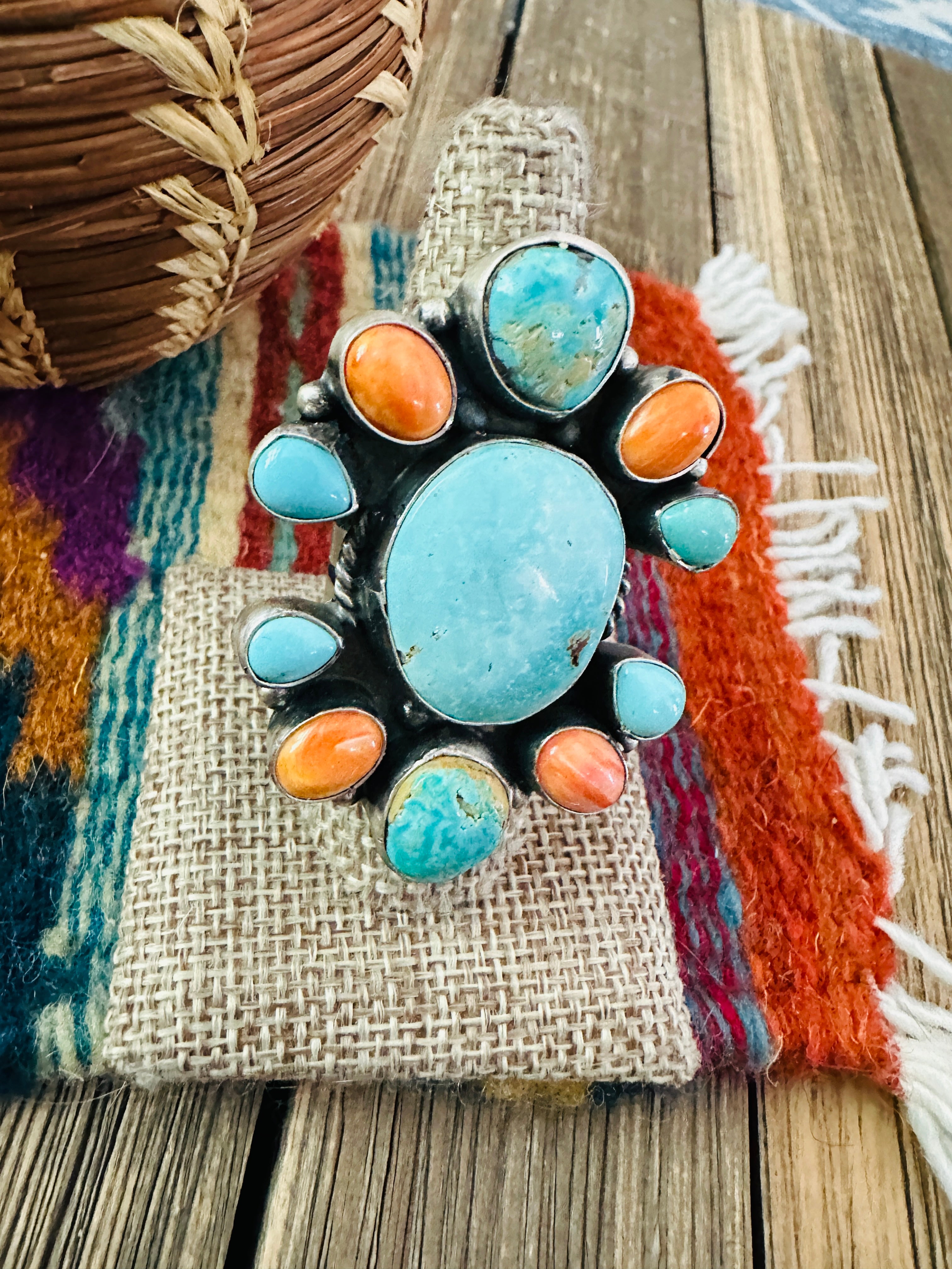 Handcrafted Spiny, Turquoise & Sterling Silver Cluster Ring Size 8.5 by Sheila Becenti