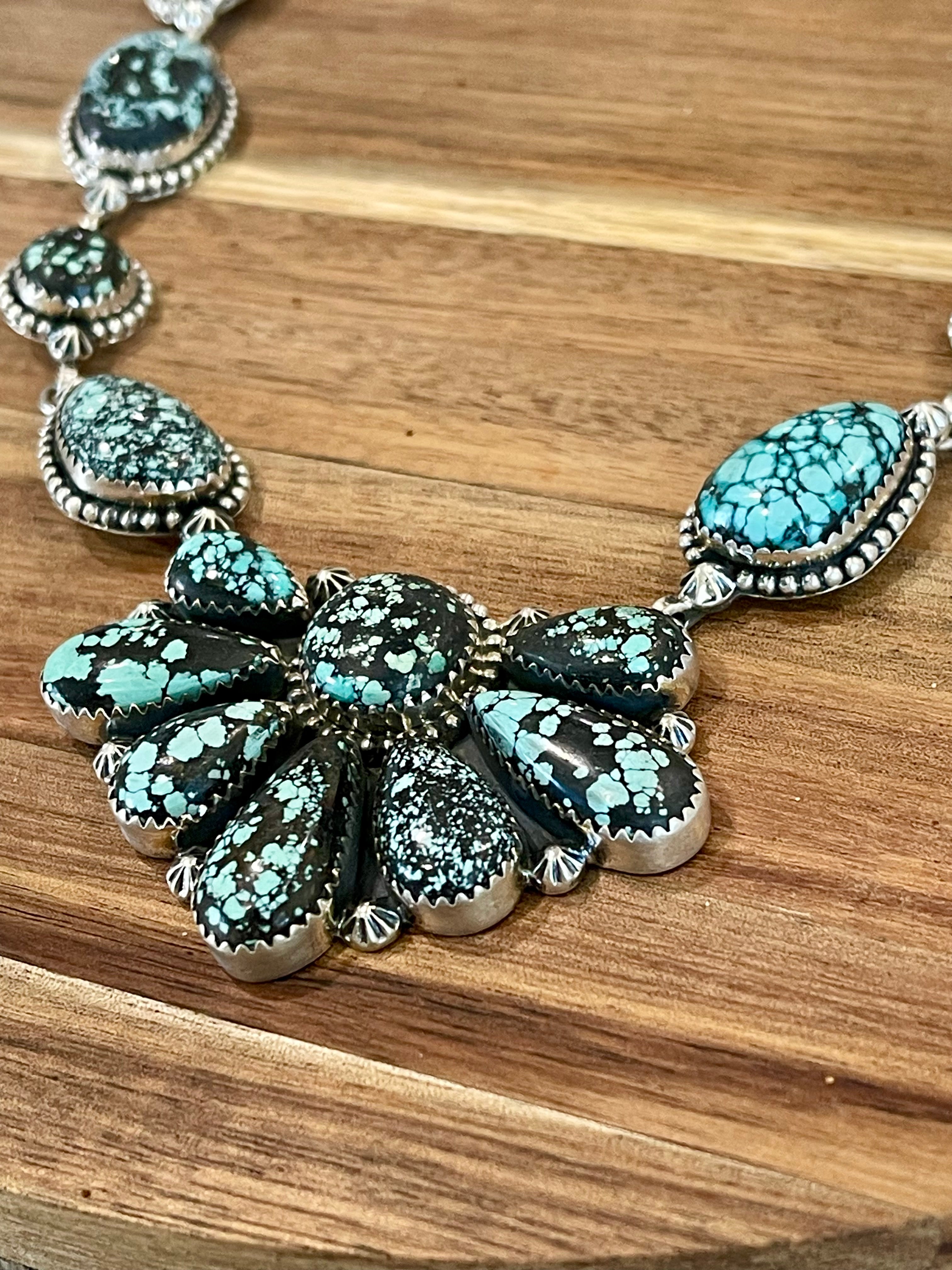 Handmade Sterling Silver & New Lander Turquoise Necklace Signed Nizhoni