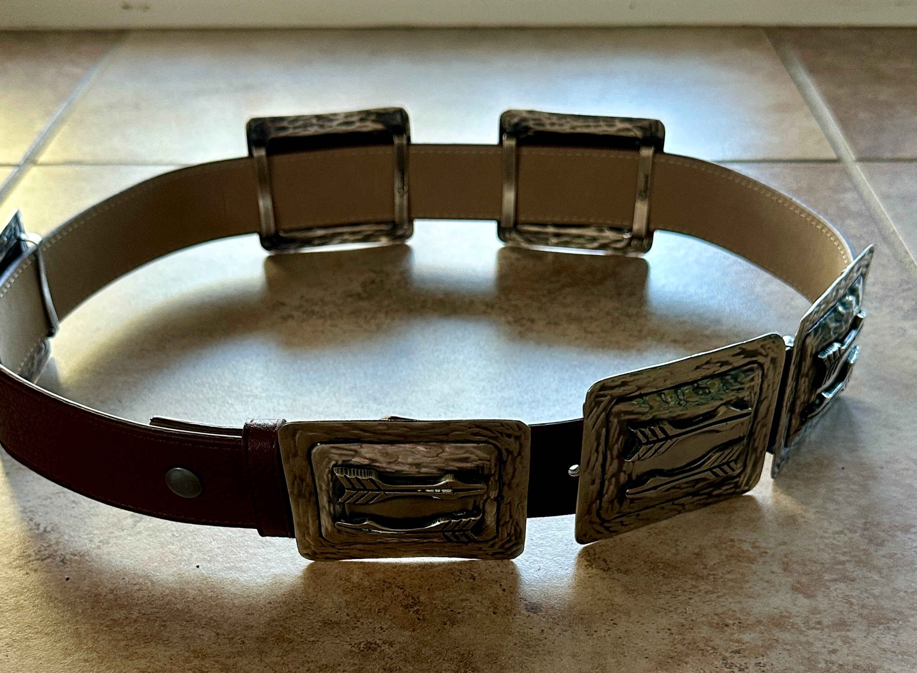 Brown Leather Belt With Silver-Plated Brass Arrow Engraved Buckles