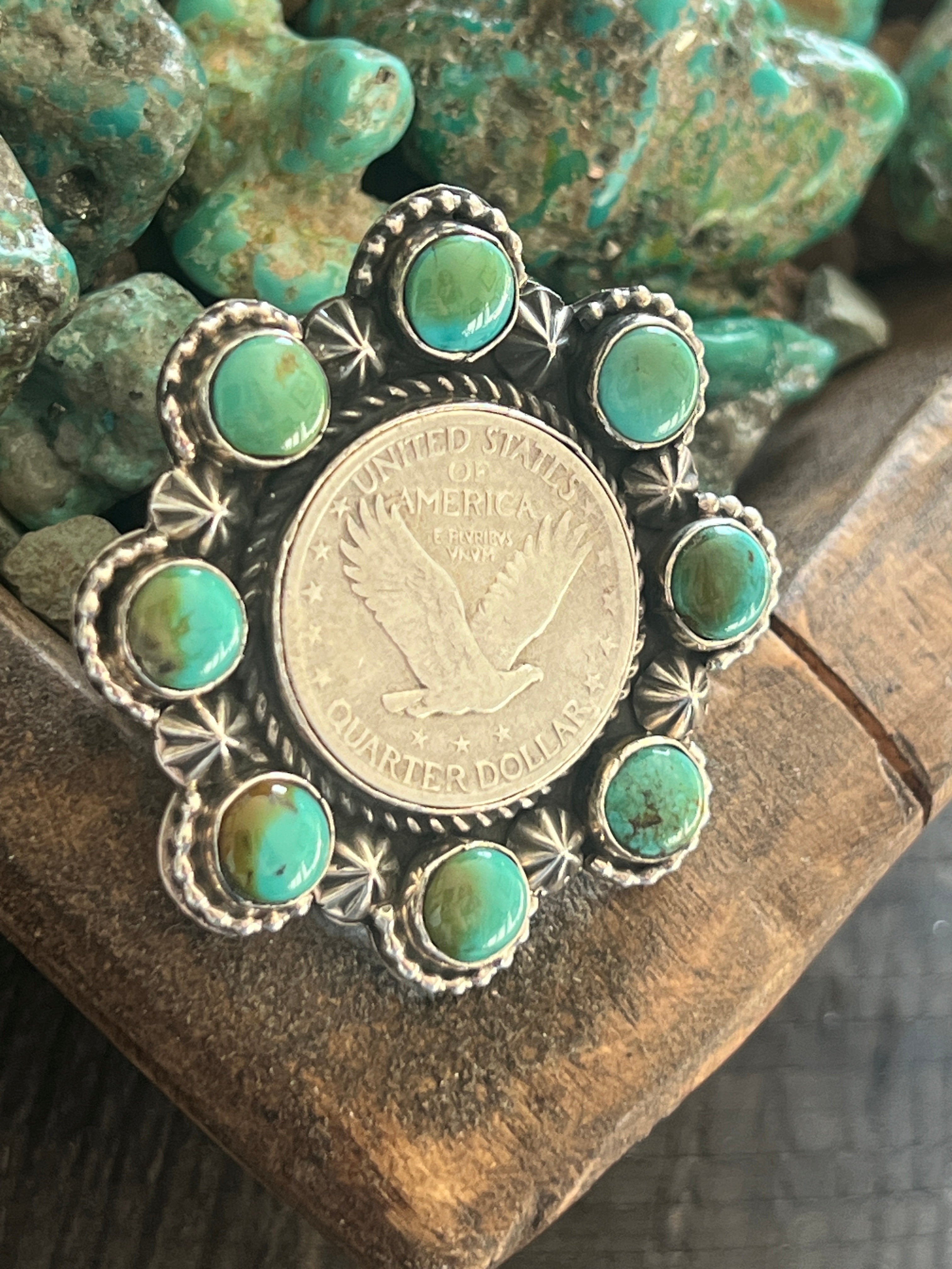 Handcrafted Sterling Silver, Barber Quarter and Hubei Turquoise Cluster Ring by Rosella Paxson, Size 8