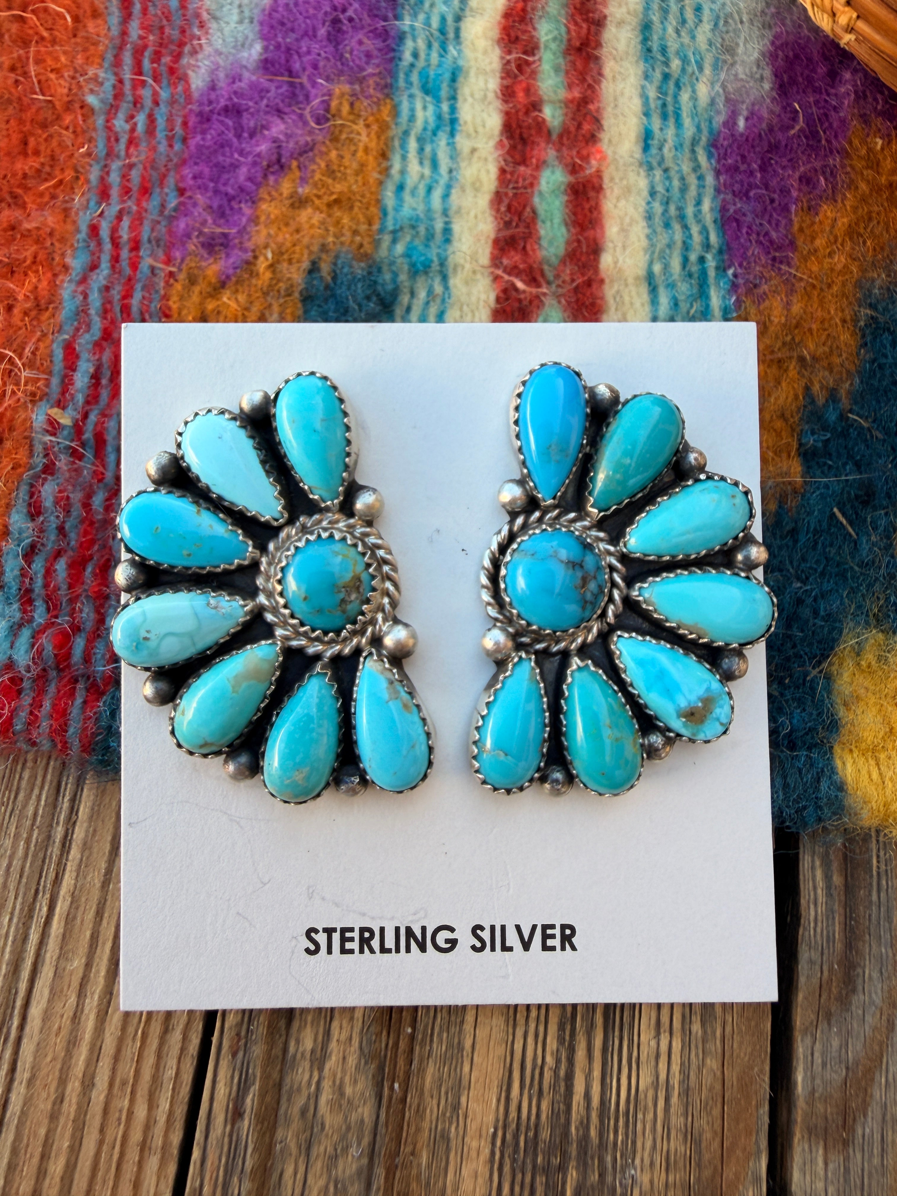 Handcrafted Turquoise & Sterling Silver Cluster Post Earrings by Effie Garfield