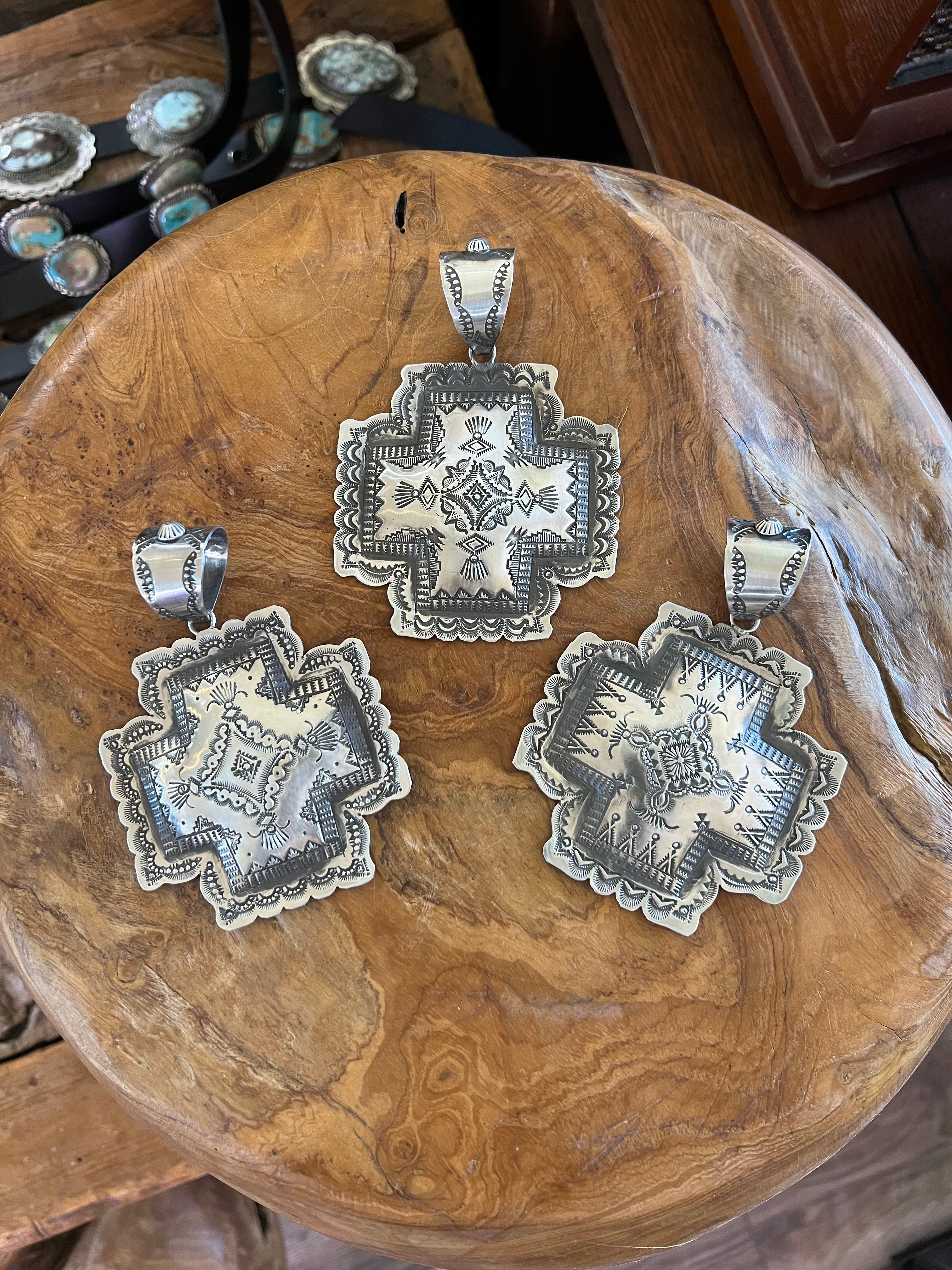 Handcrafted Hand Stamped Sterling Silver Santa Fe Cross Pendant by Victor Platero