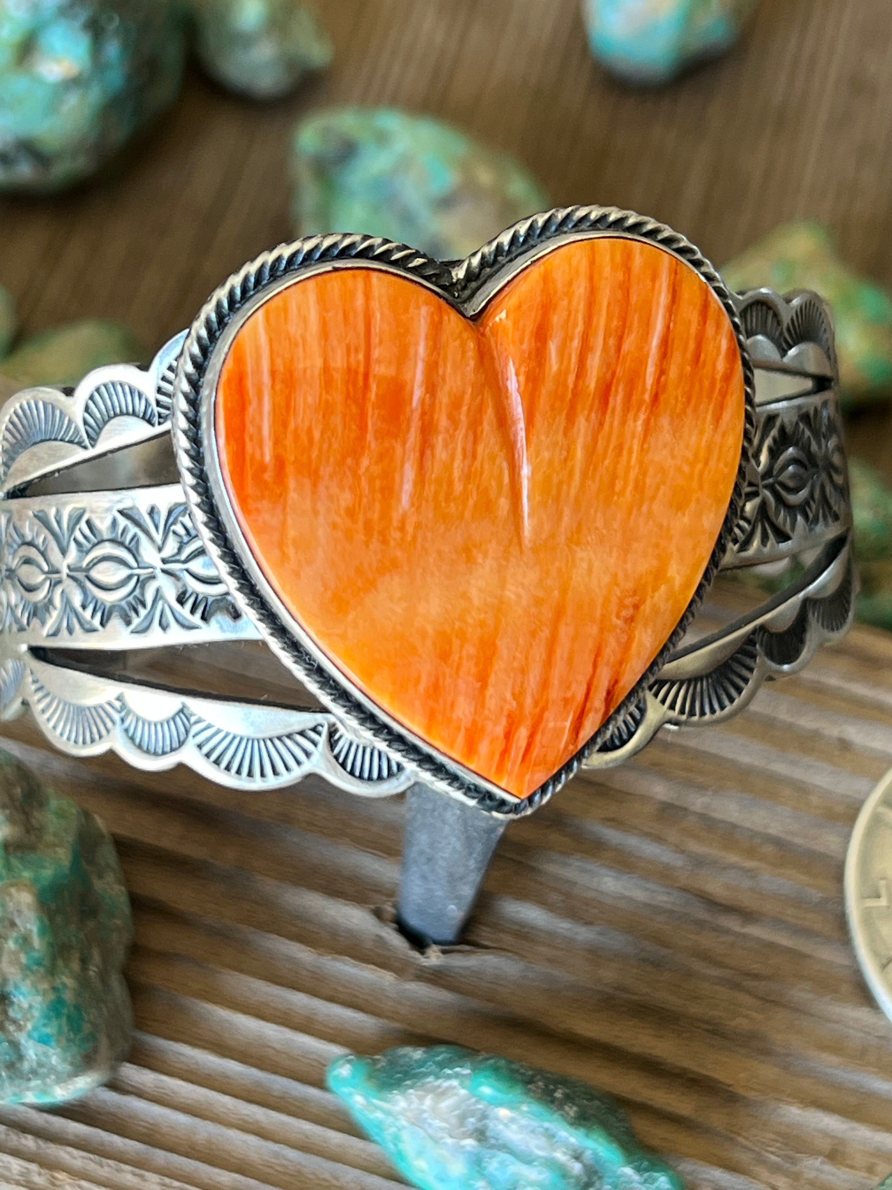 Handcrafted Sterling Silver and Orange Spiny Oyster Shell Heart Cuff Bracelet by Murphy Platero