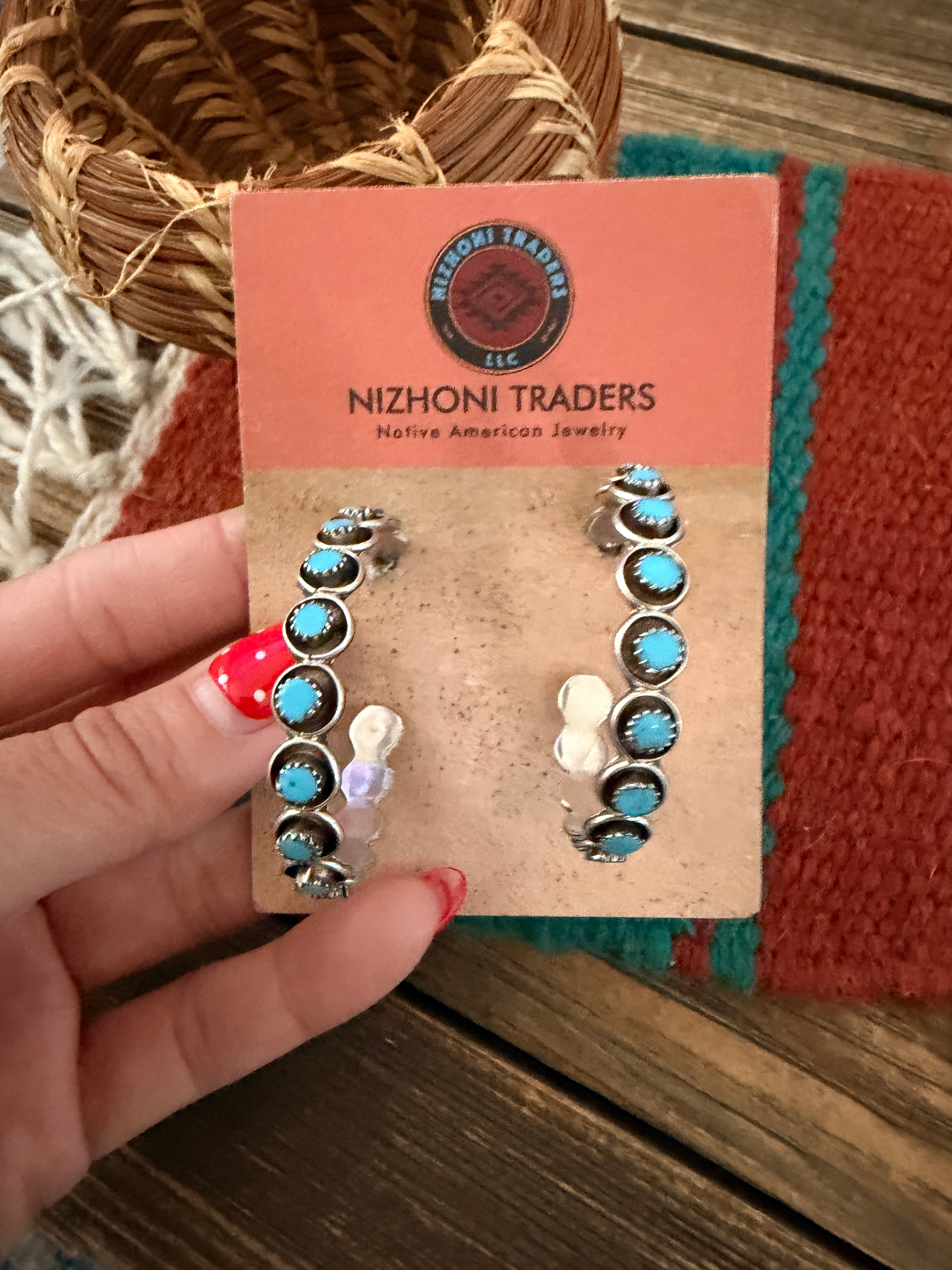 Handcrafted Turquoise & Sterling Silver Snake Eye Hoop Earrings