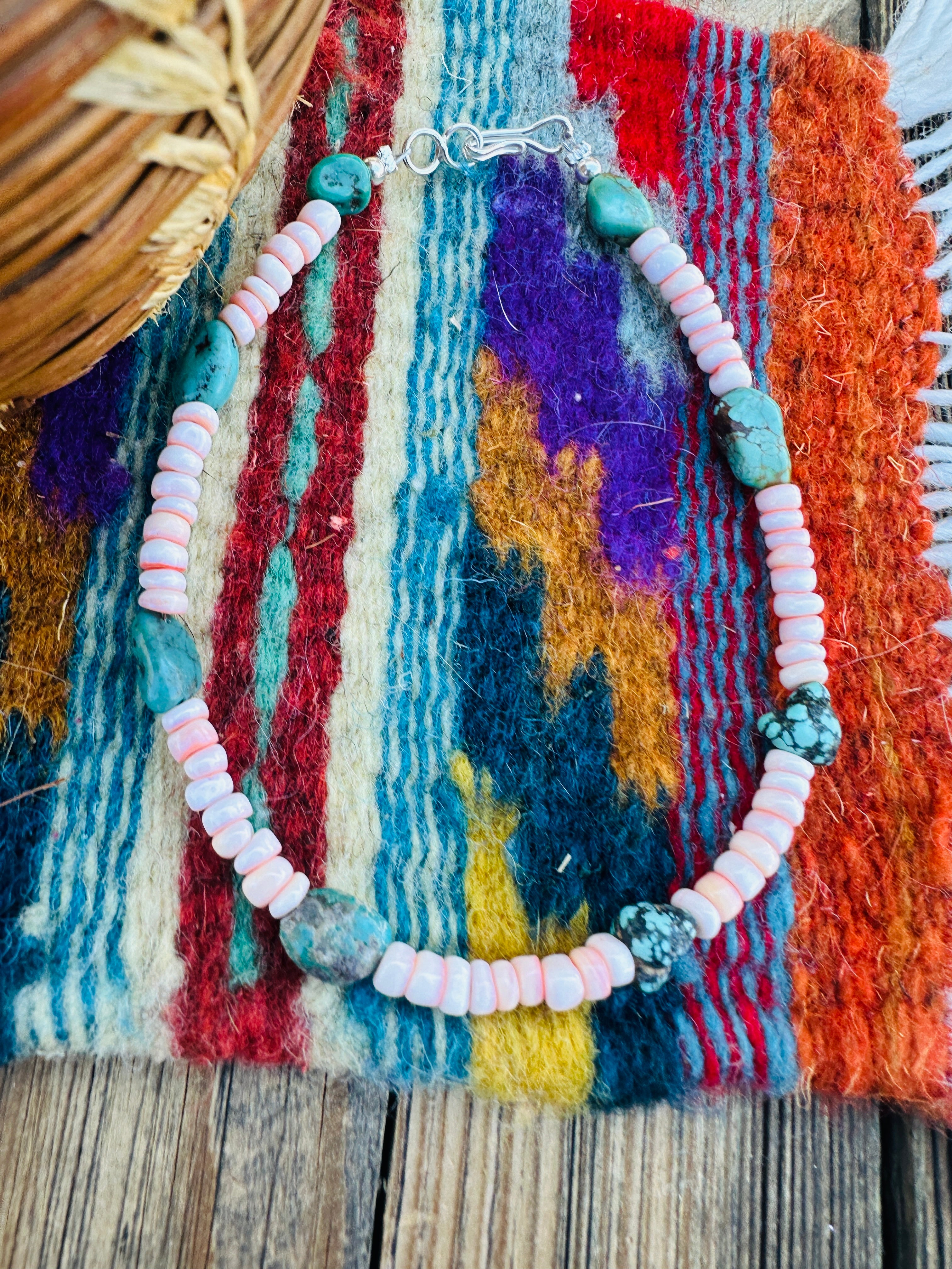 Handcrafted Turquoise, Queen Pink Conch & Sterling Silver Beaded Anklet