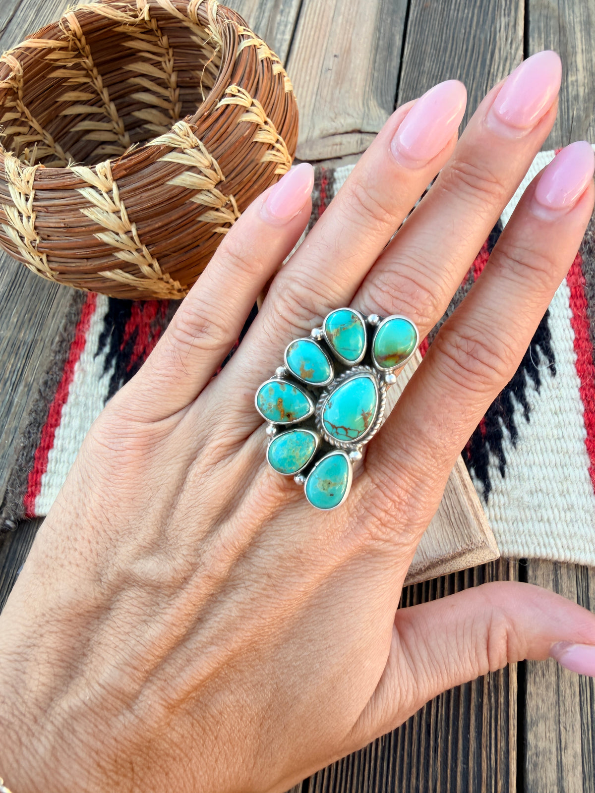 Handcrafted Turquoise & Sterling Silver Cluster Adjustable Ring by Geraldine James