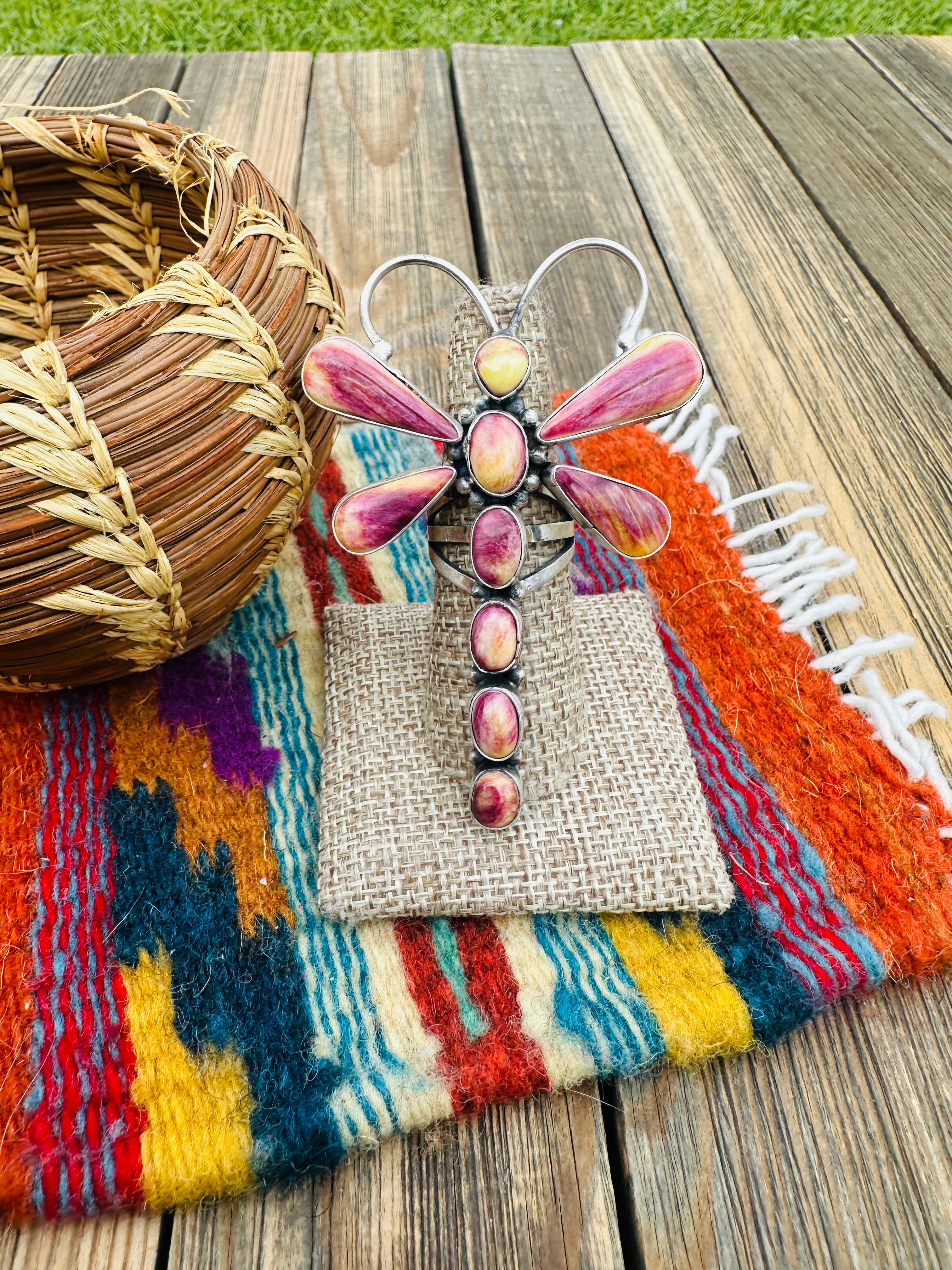Handcrafted Spiny Oyster & Sterling Silver Dragonfly Ring Size 7.5