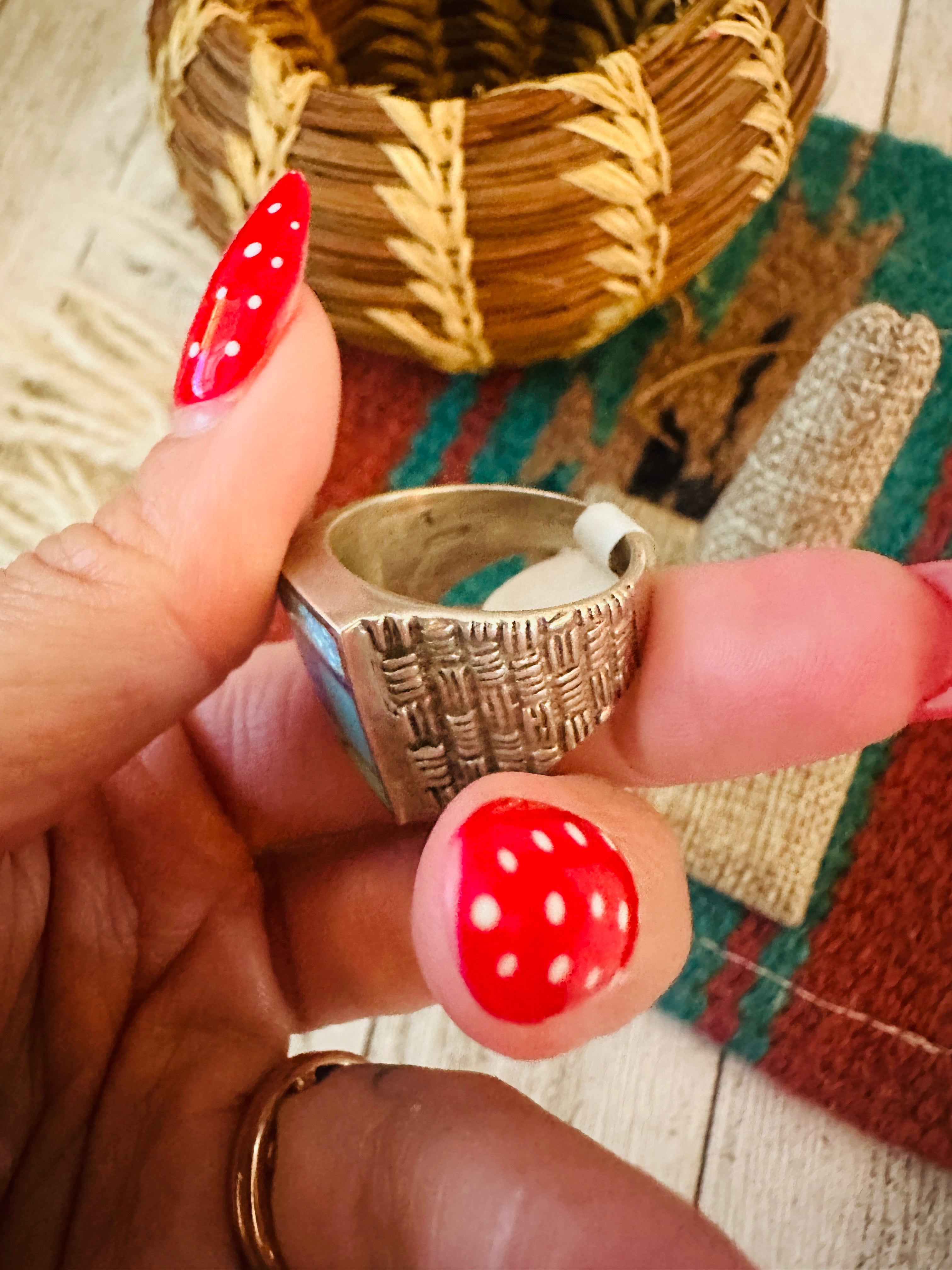 Handcrafted Old Pawn Sterling Silver & Multi Stone Inlay Ring Size 10