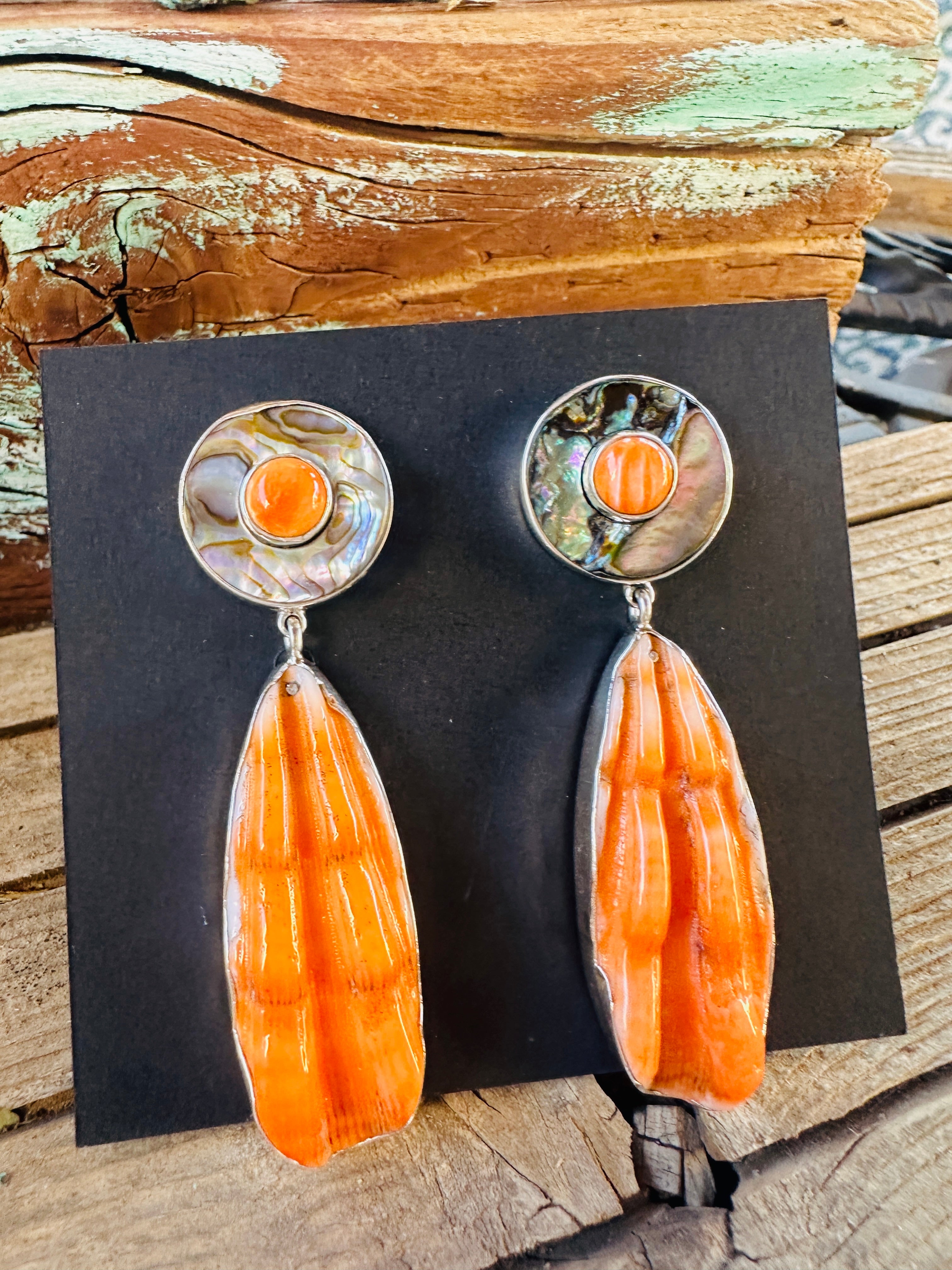 Handcrafted Spiny Oyster, Abalone & Sterling Silver Dangle Earrings by Federico Jimenez