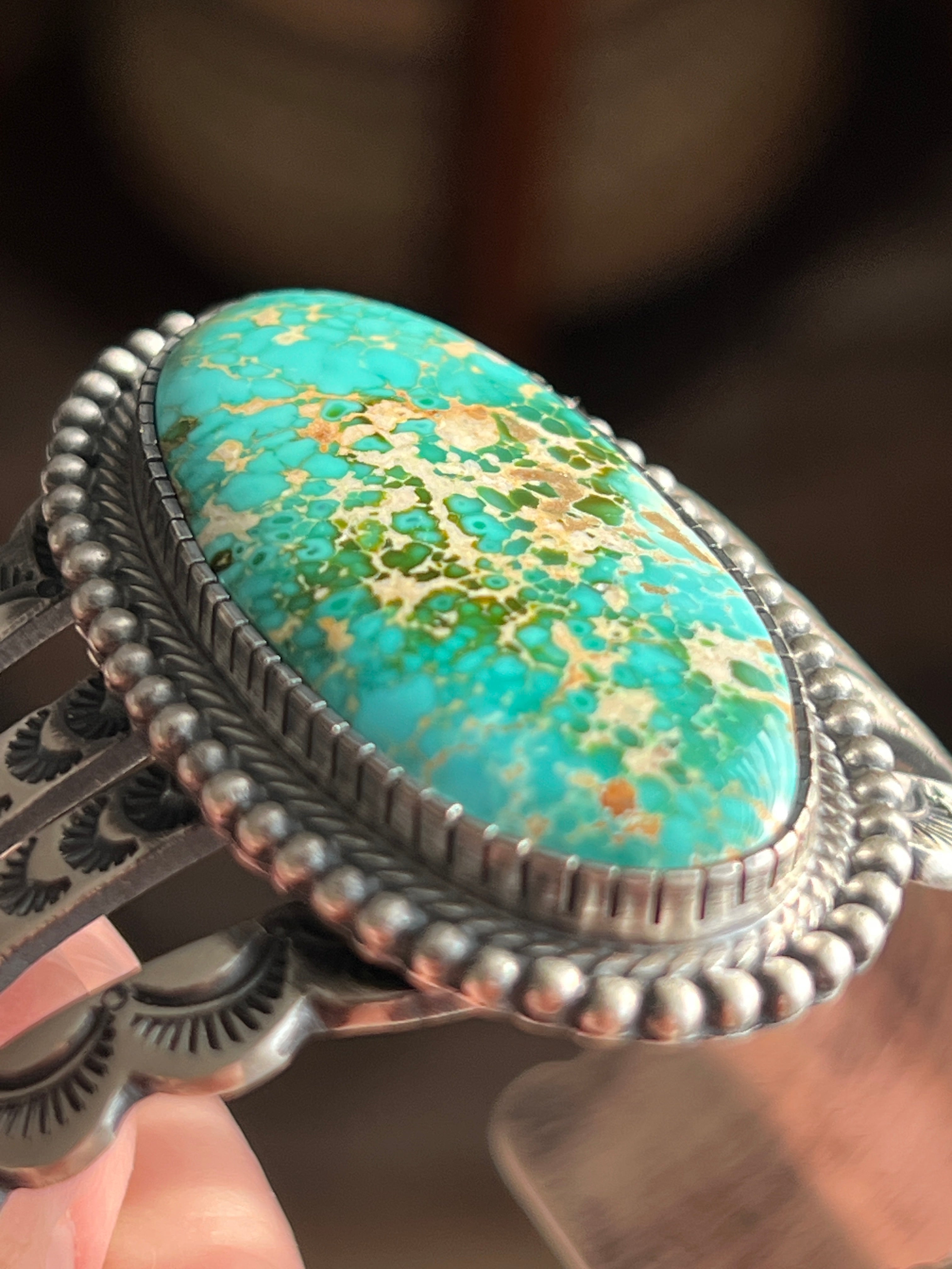 Handcrafted and Hand Stamped Sterling Silver and Royston Turquoise Cuff Bracelet by Diane Wylie