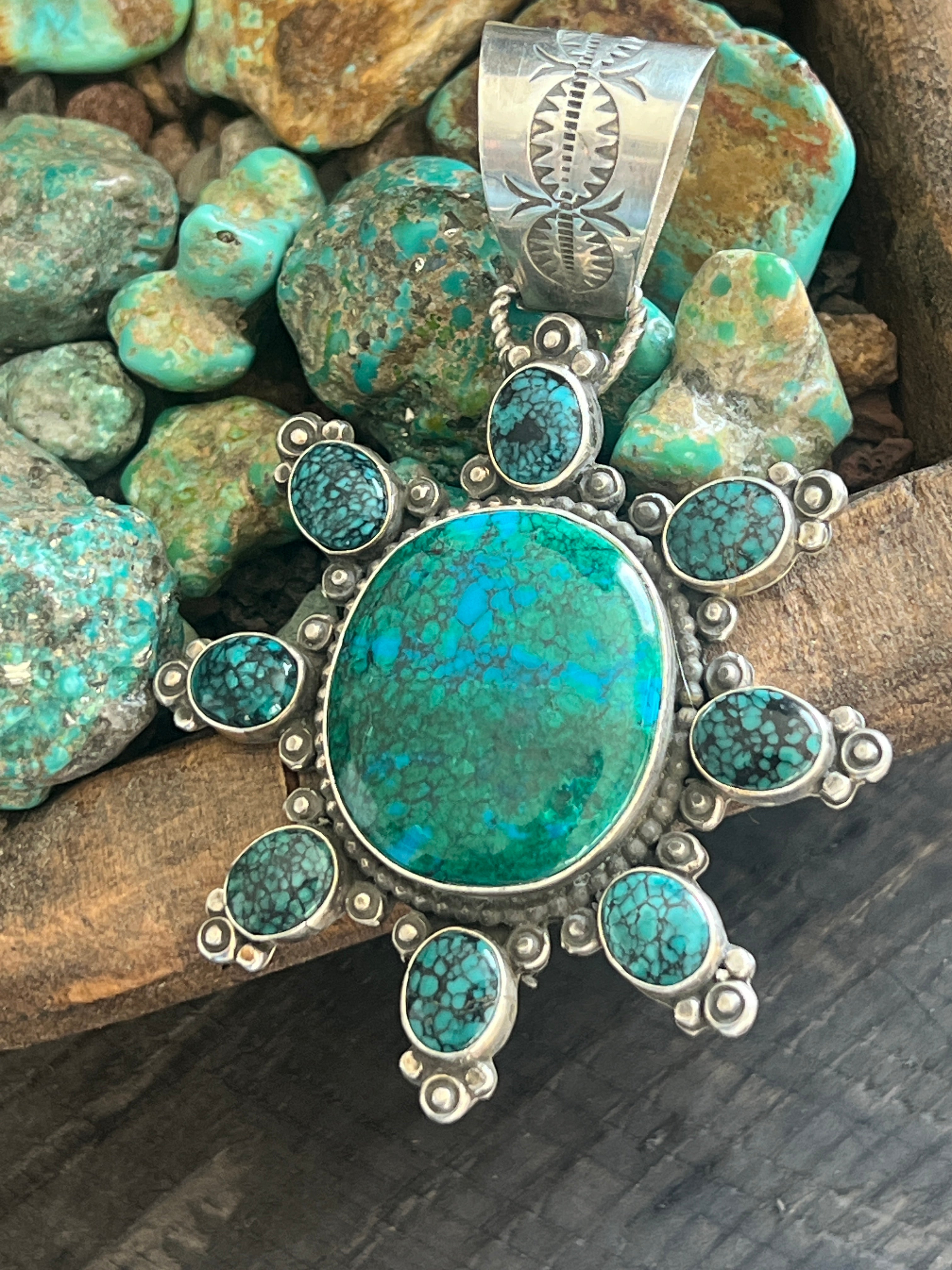 Apache Made Sterling Silver, Hubei Turquoise & Chrysocolla Cluster Pendant by Rosella Paxson
