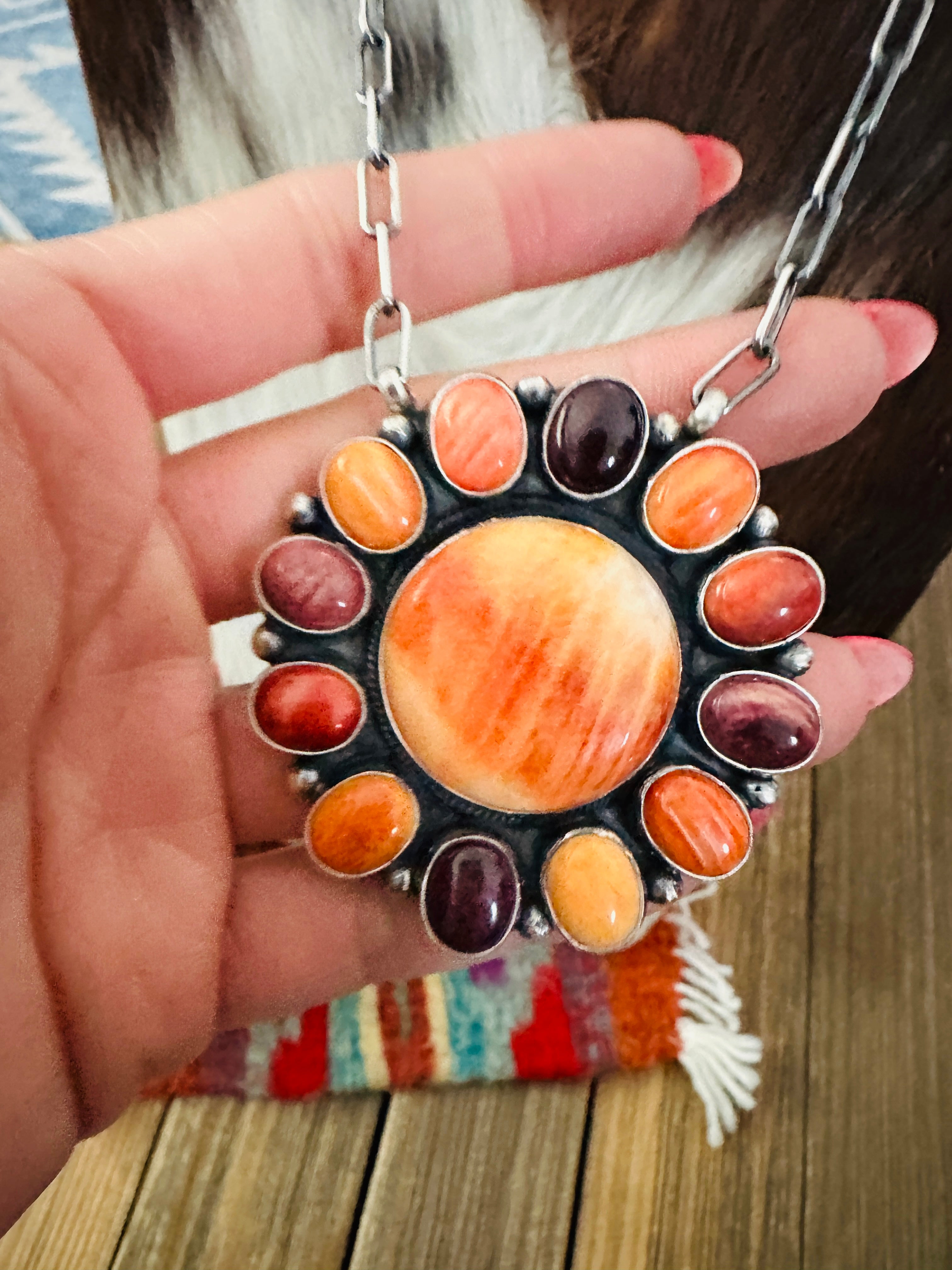 Handcrafted Multicolor Spiny Oyster & Sterling Silver Cluster Necklace by Sheila Becenti