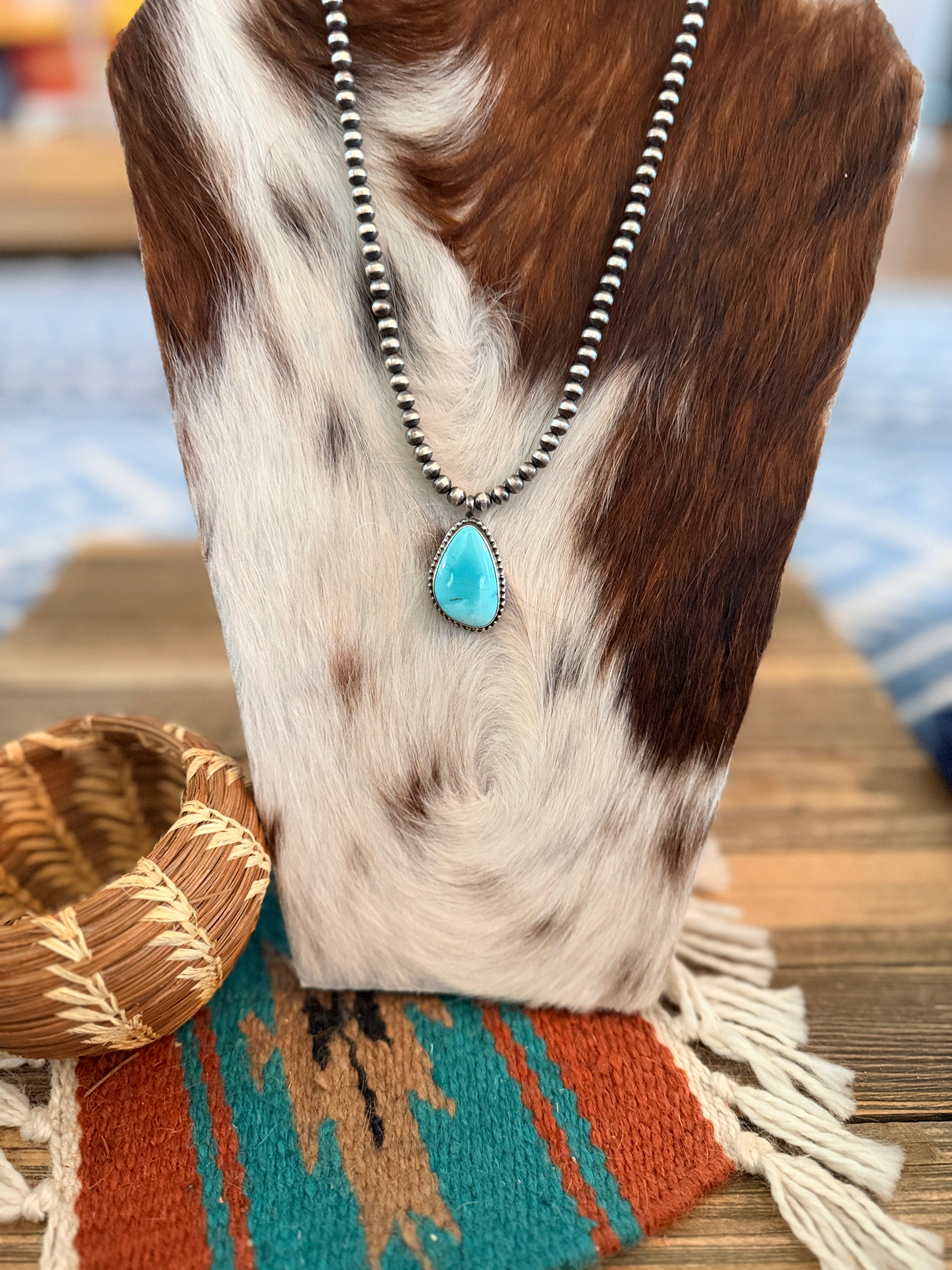 Handcrafted Turquoise & 5mm Sterling Silver Pearl 18” Beaded Necklace