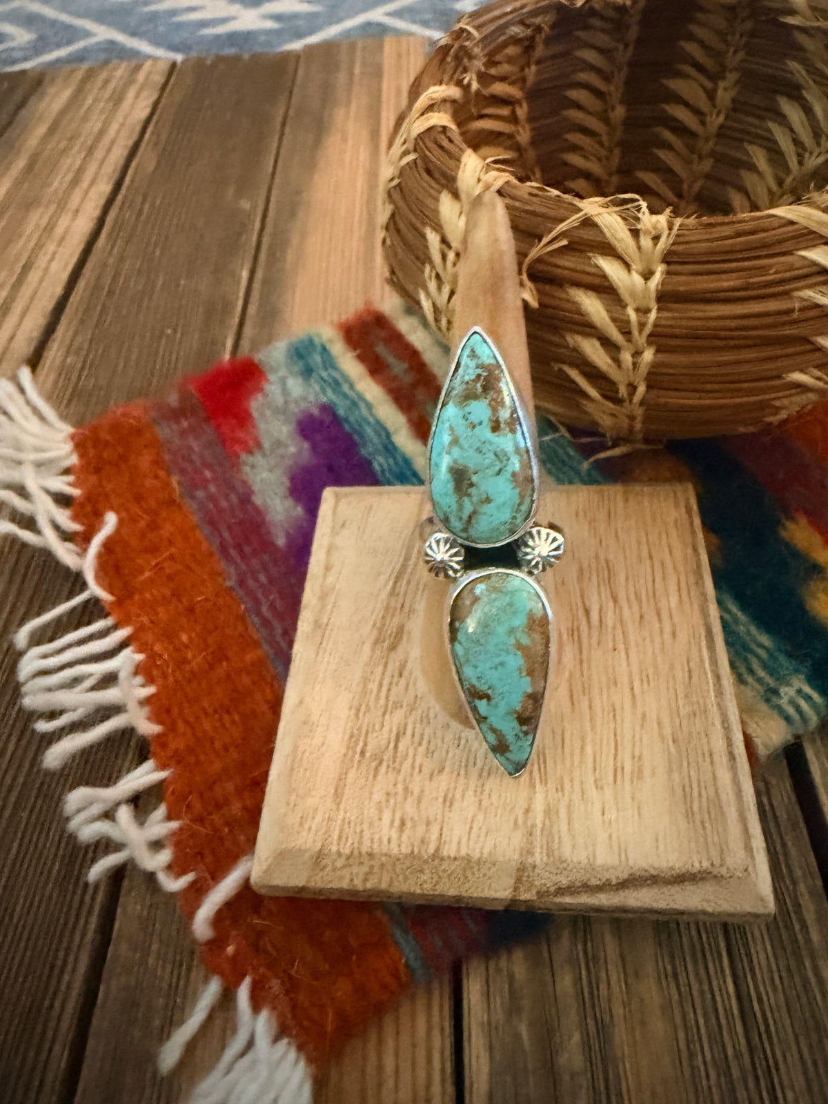 Handcrafted Number 8 Turquoise & Sterling Silver Cluster Adjustable Ring