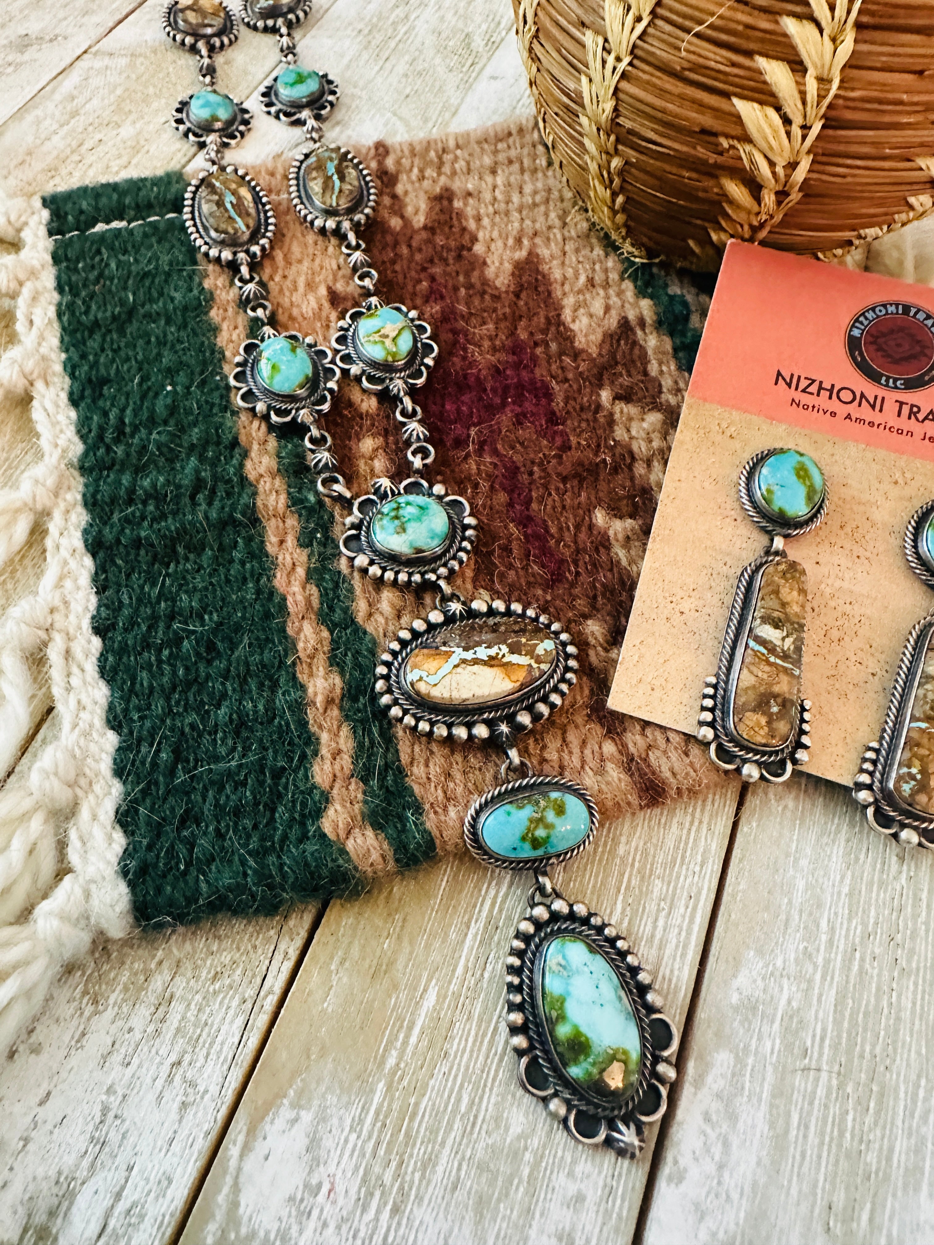 Handcrafted Sterling Silver, Ribbon and Sonoran Turquoise Necklace and Earring Set by Diane Wylie