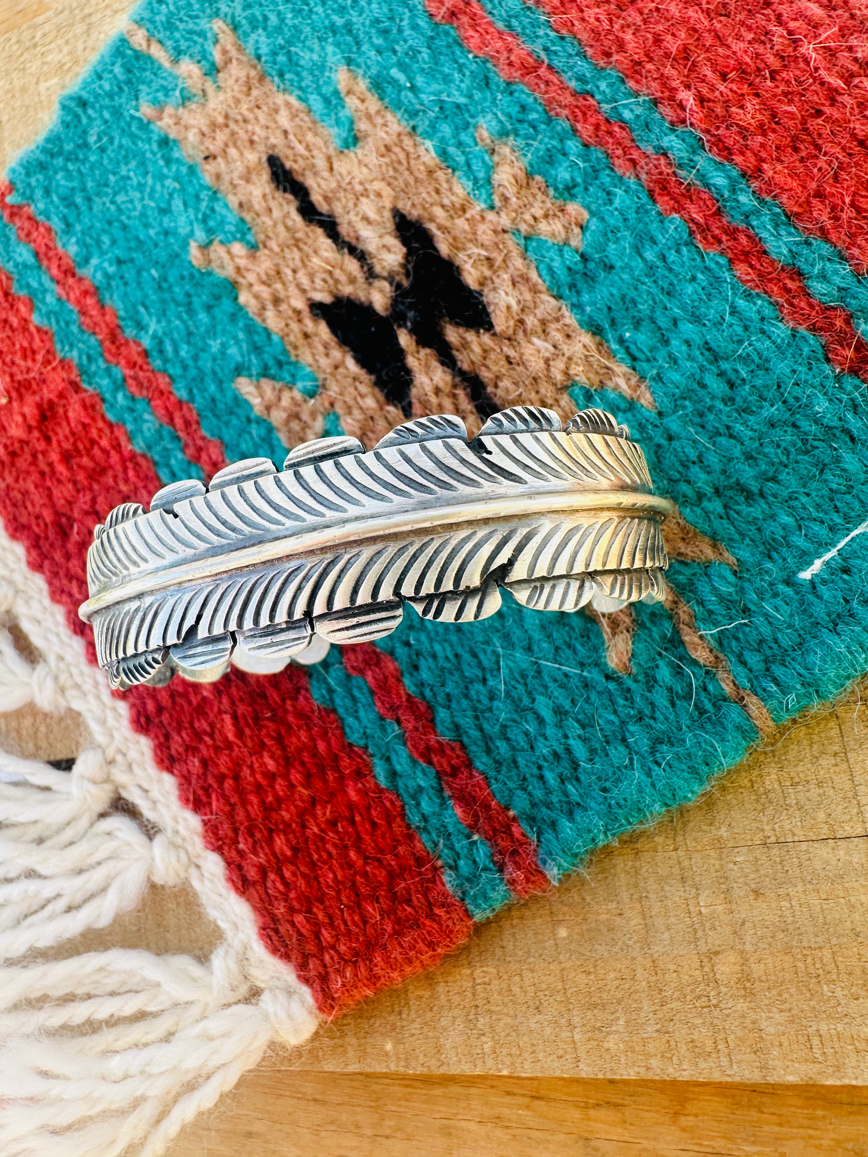 Handcrafted Hand Stamped Sterling Silver Feather Cuff Bracelet