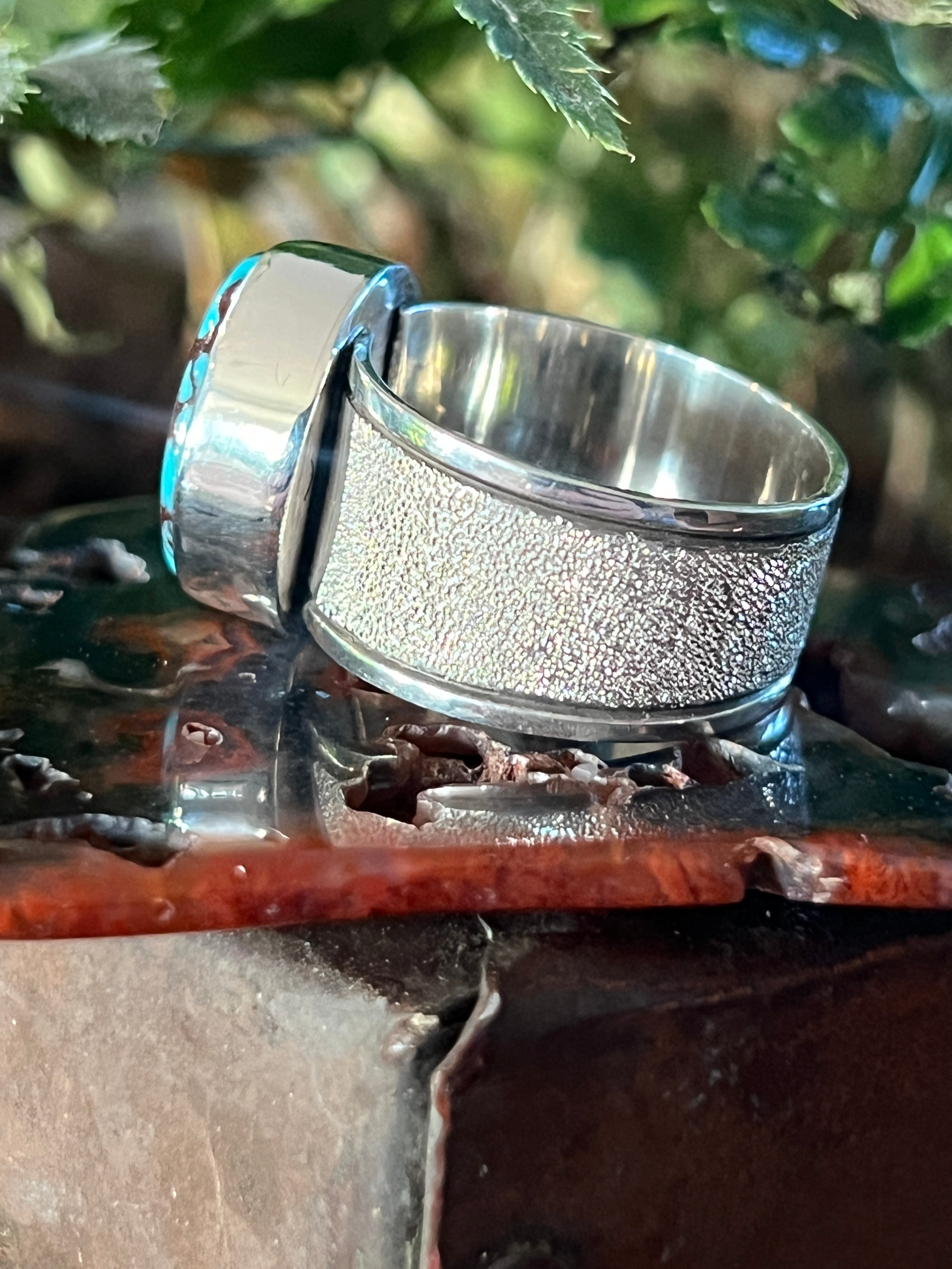 Handcrafted Sterling Silver Wide Shank Ring with Egyptian Turquoise by Shaun Rogers, Size 10.75