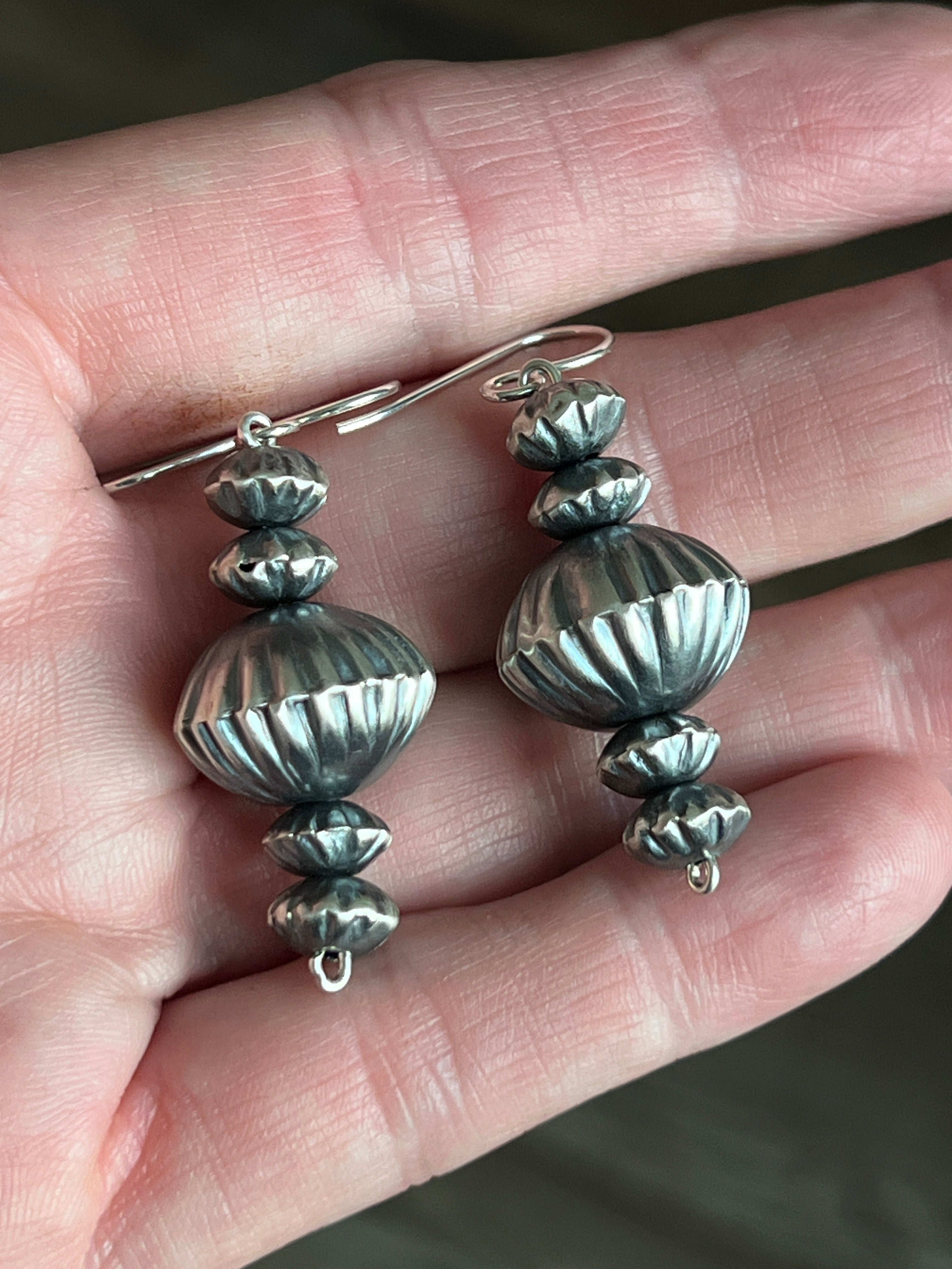 Handcrafted Sterling Silver Corrugated Bead Drop Dangle Earrings by Preston Haley