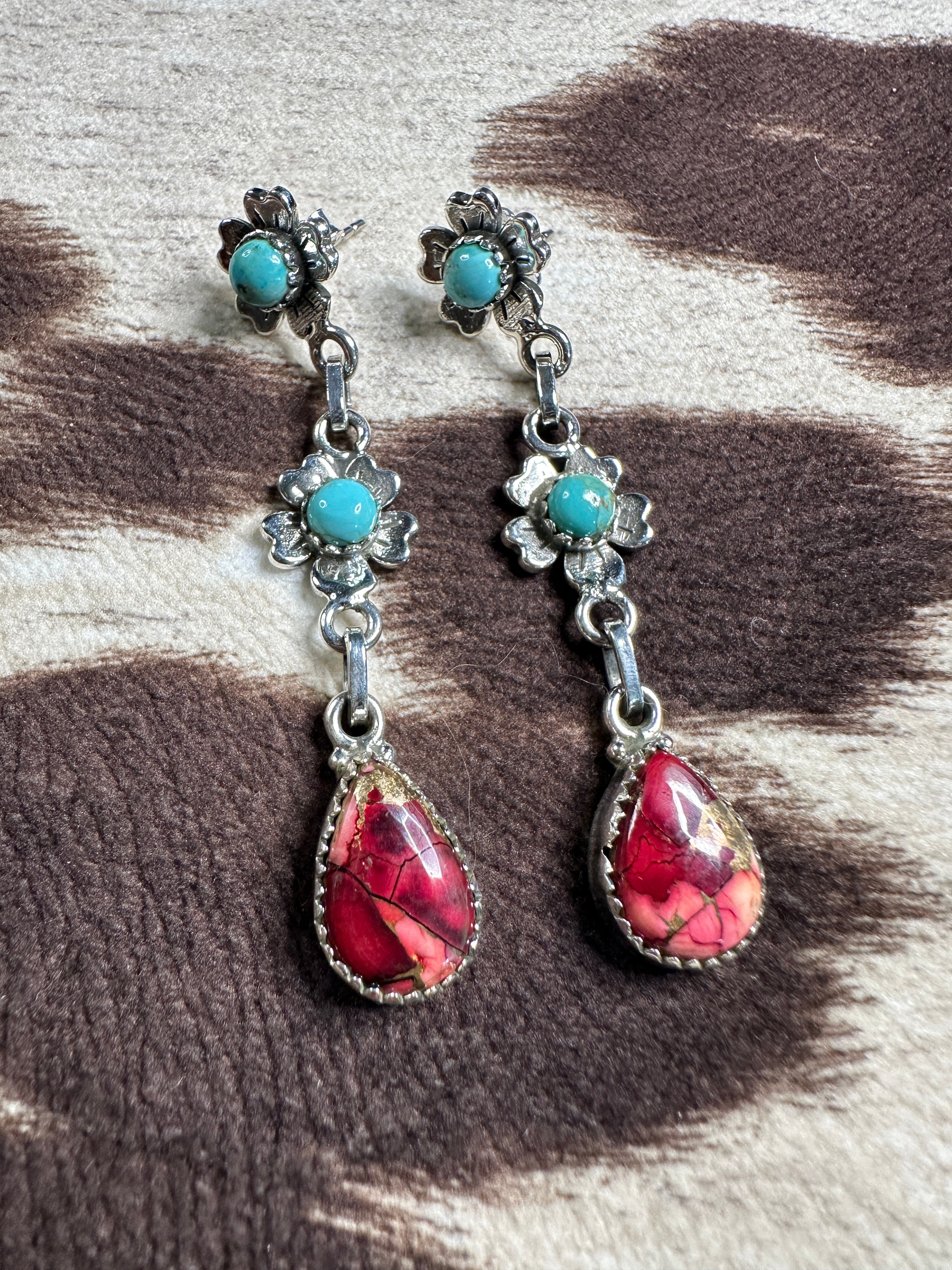 Dahlia Rose & Turquoise Handmade Sterling Silver Flower Dangles