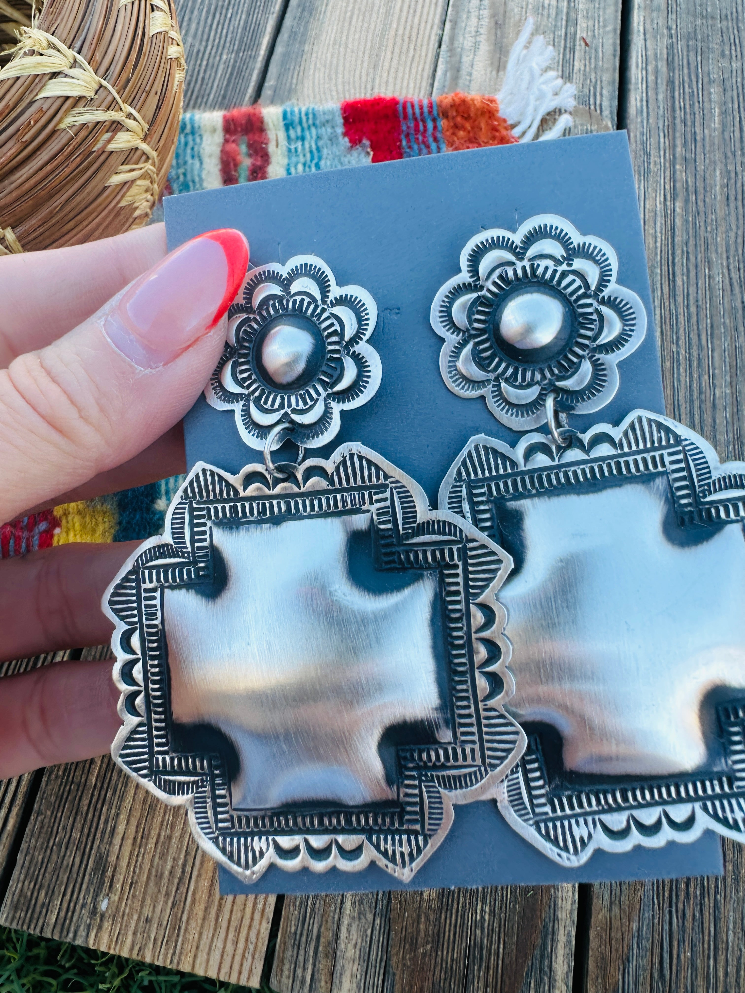 Handcrafted Sterling Silver Concho Cross Dangle Earrings by Leander Tahe