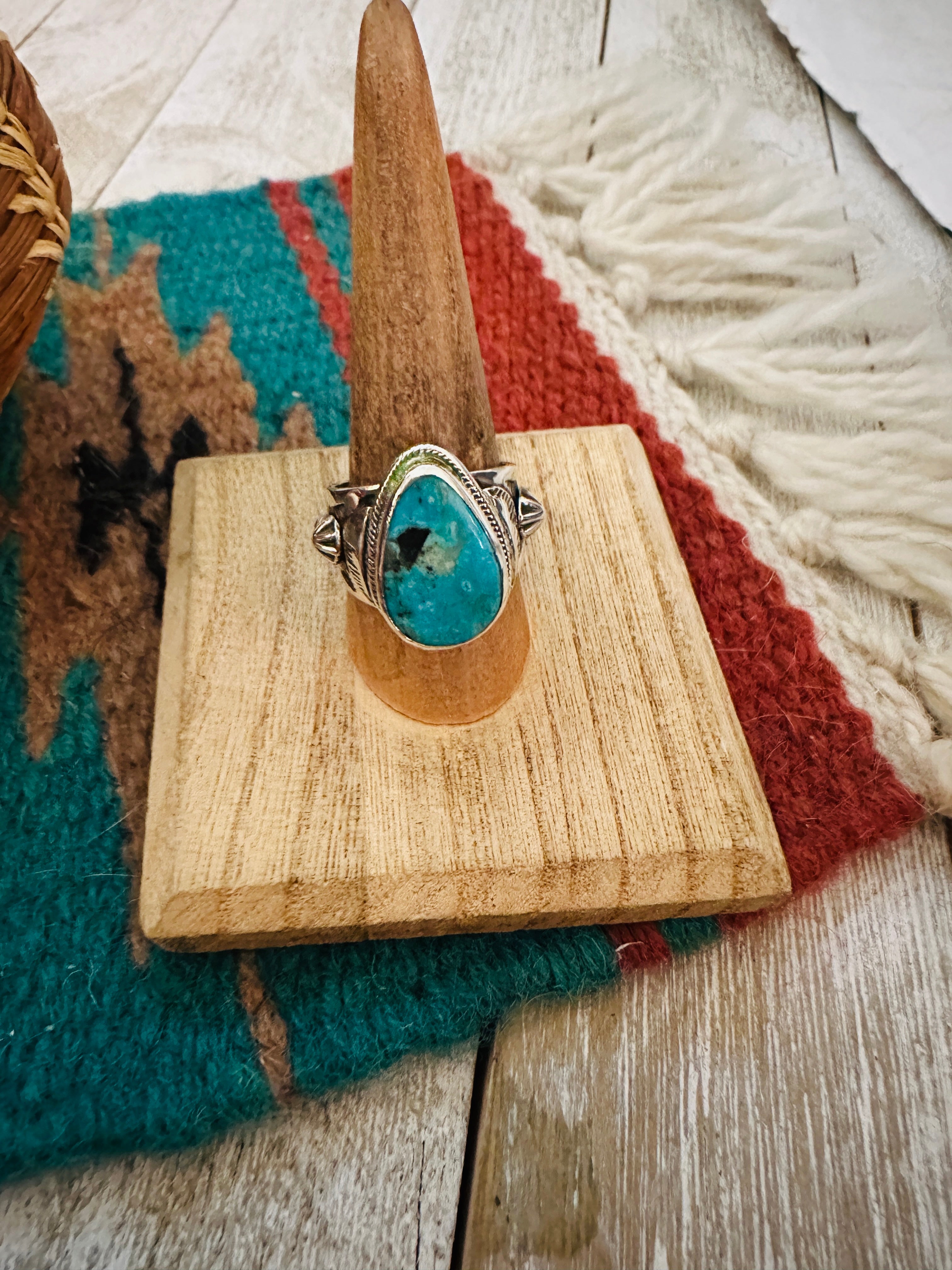 Handcrafted Sterling Silver & Turquoise Teardrop Cigar Band Ring Size 9
