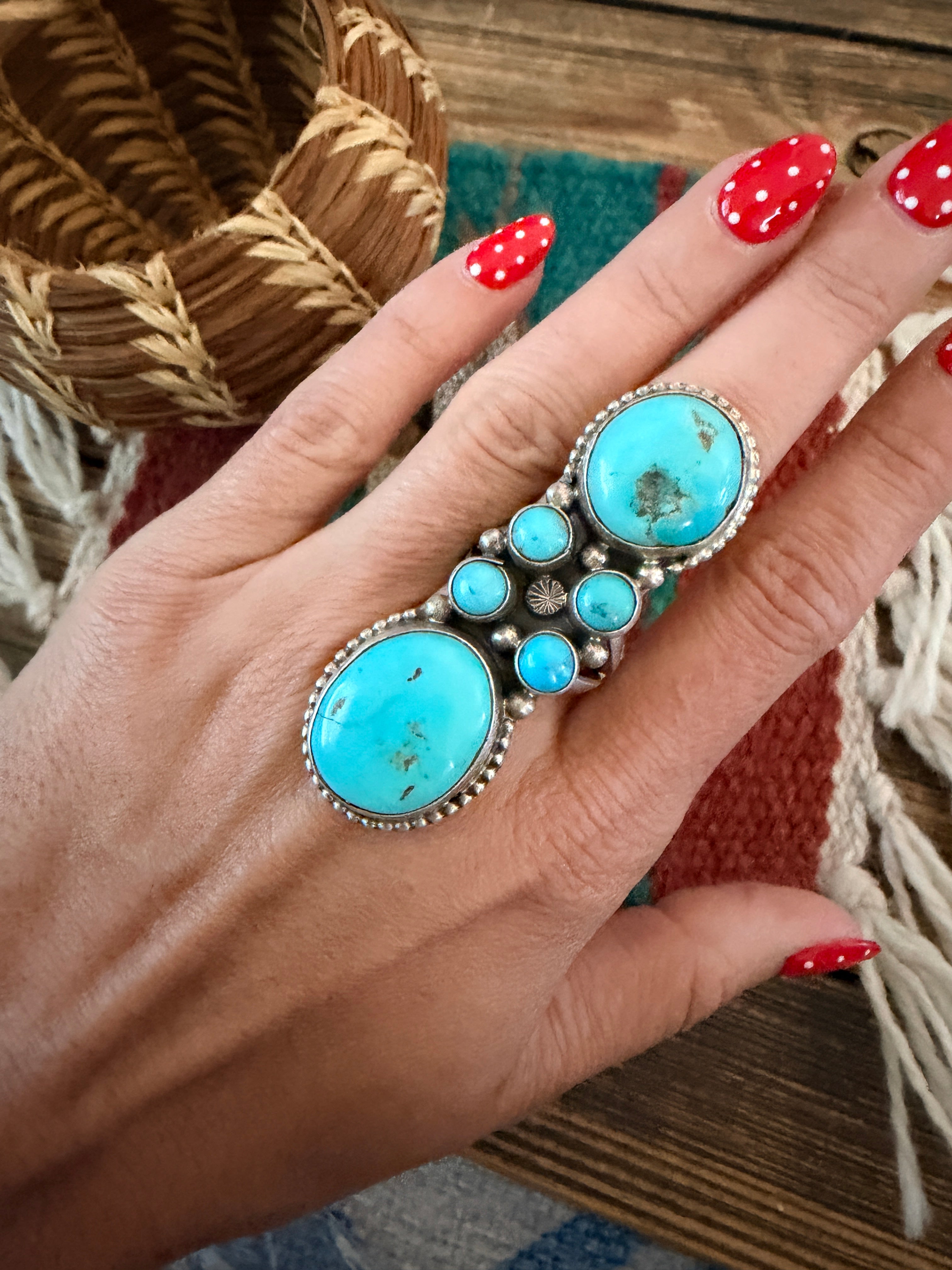 Handcrafted Kingman Turquoise & Sterling Silver Cluster Ring Size 8 by Sheila Becenti
