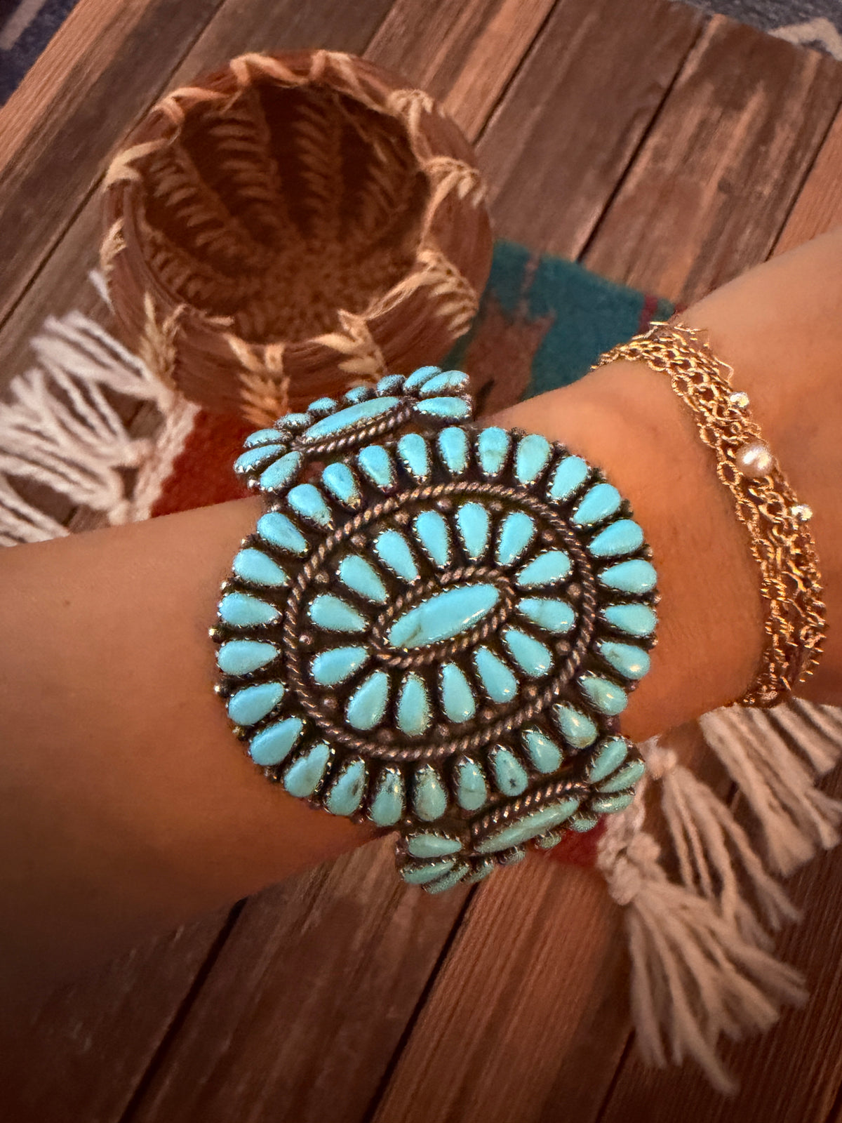 Handcrafted Old Pawn Sterling Silver & Turquoise Cluster Cuff Bracelet