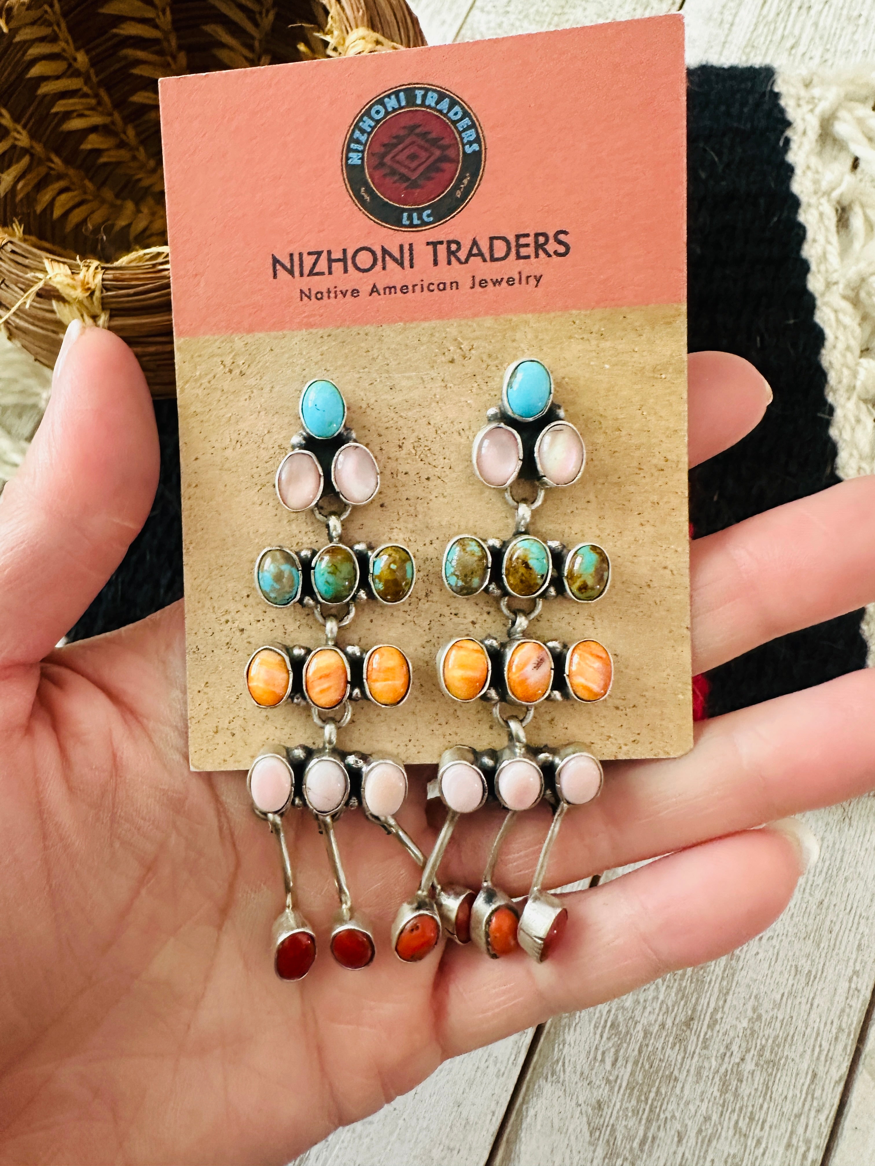 Navajo Multi Stone & Sterling Silver Chandelier Dangle Earrings by Marcella James