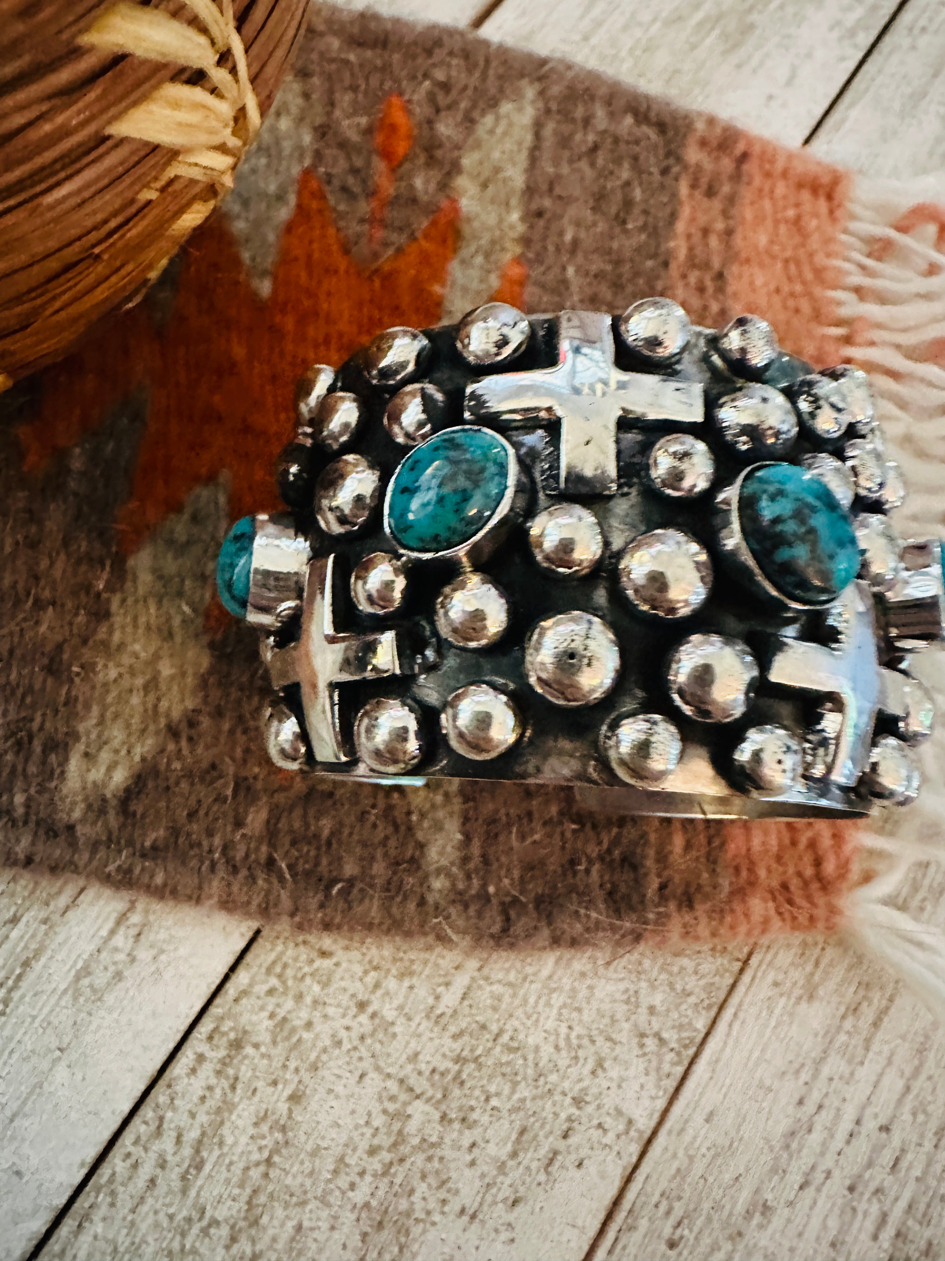 Handcrafted Turquoise & Sterling Silver Cross Cuff Bracelet By Chimney Butte w/ Matrix /