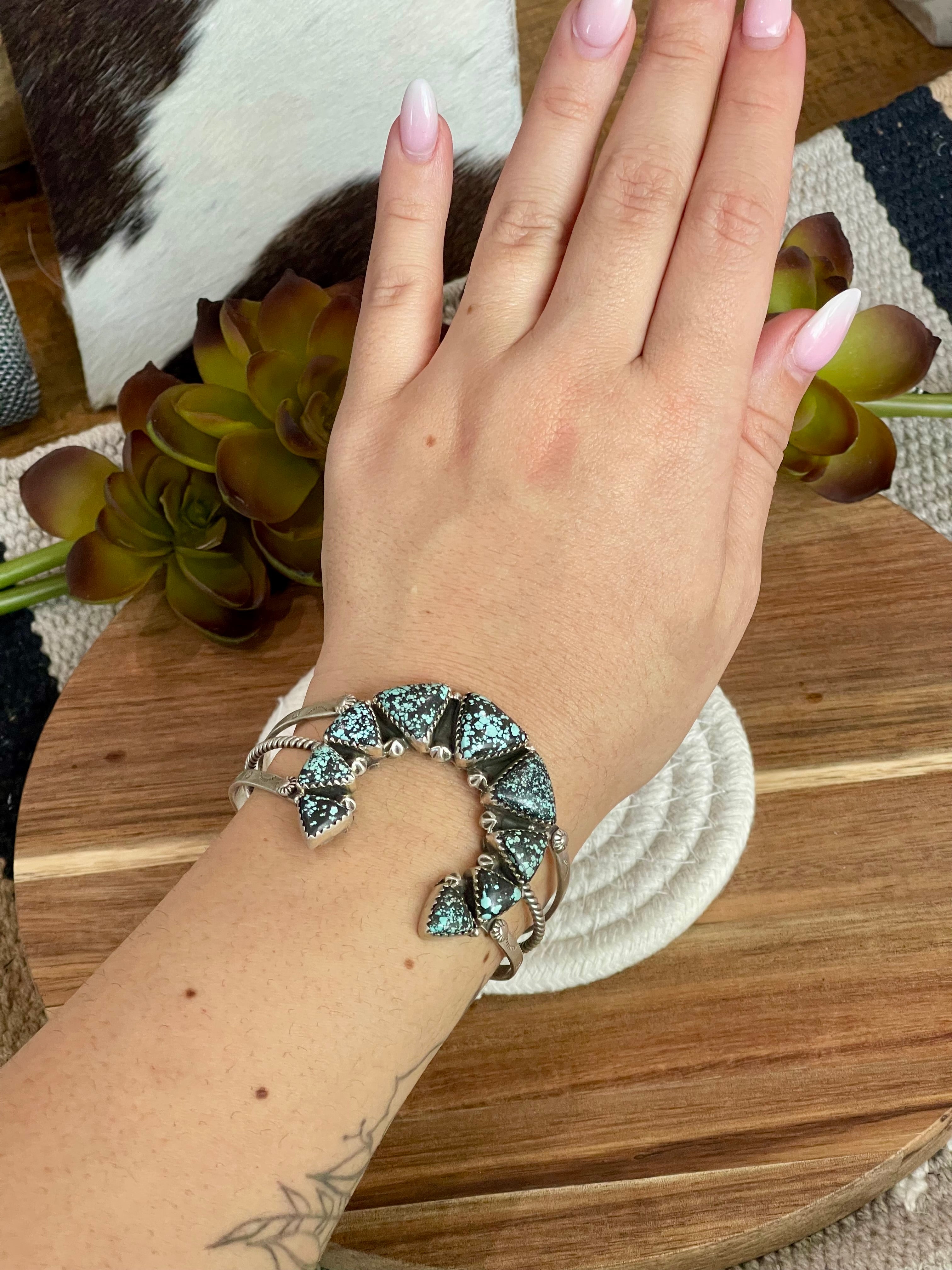 Handmade New Lander Turquoise & Sterling Silver Cuff Bracelet /