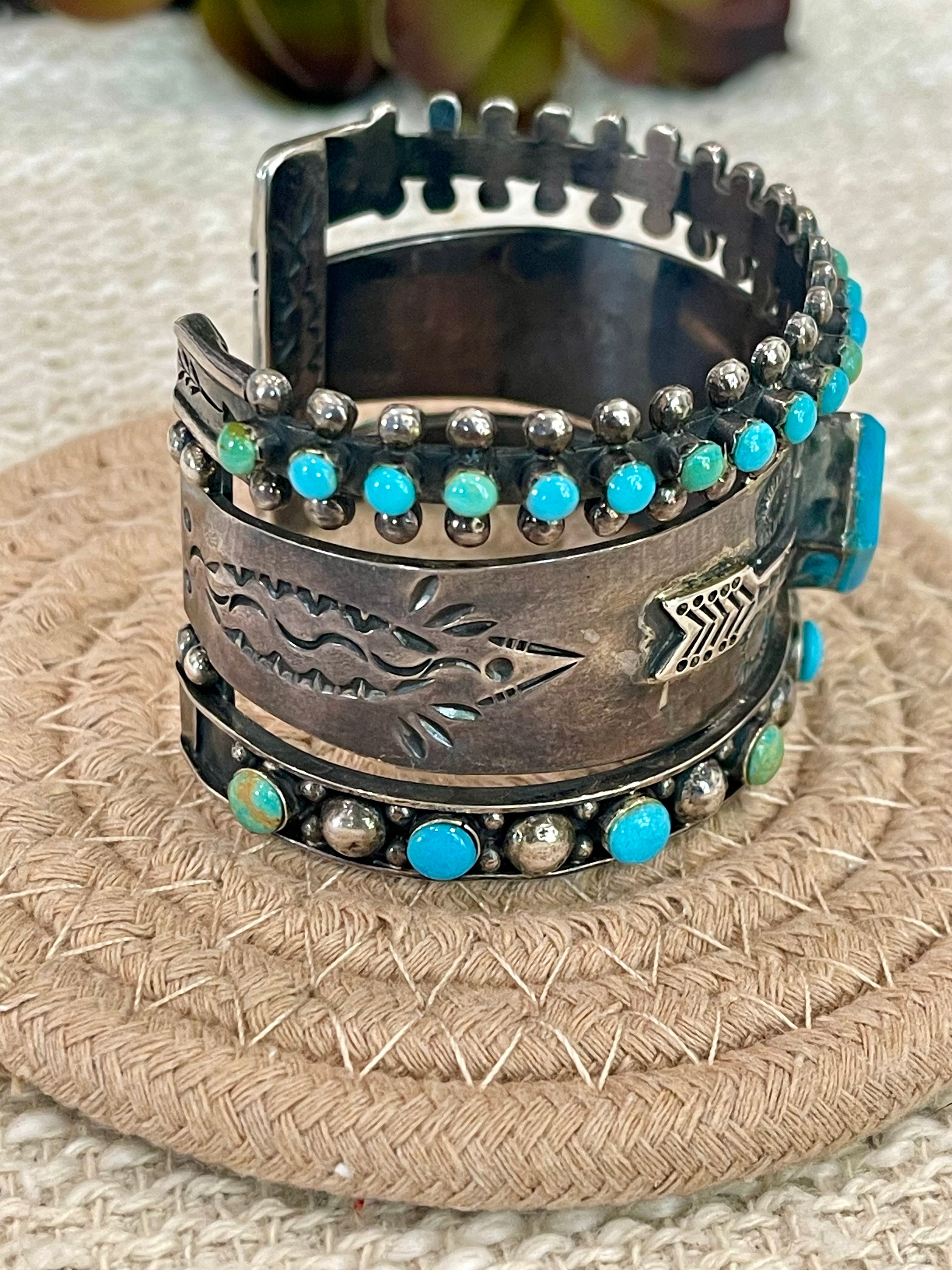 Handmade Sterling Silver, Kingman & Sonoran Mountain Turquiose Adjustable Cuff Bracelet /