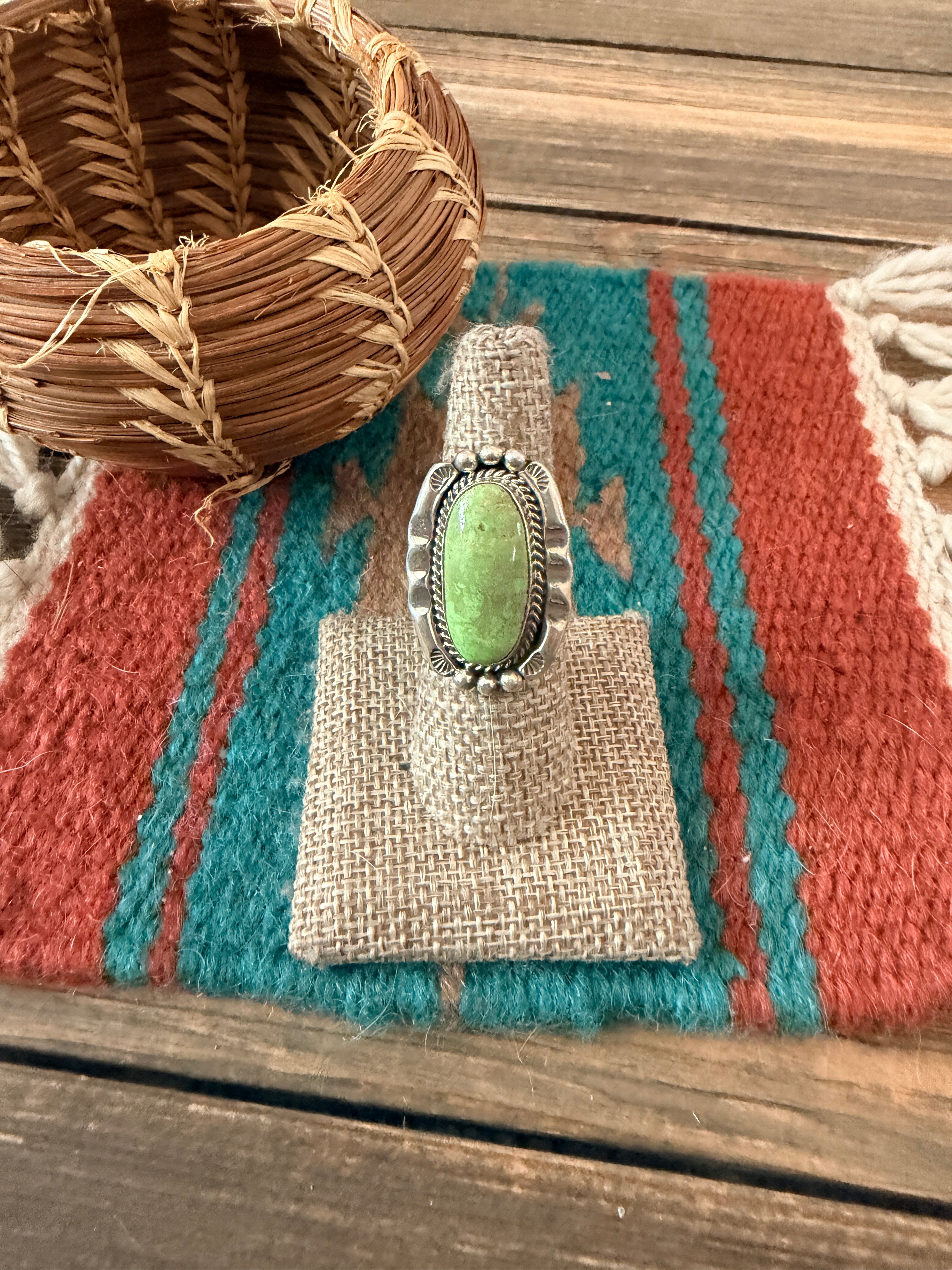 Handcrafted Green Turquoise & Sterling Silver Ring Size 6.75