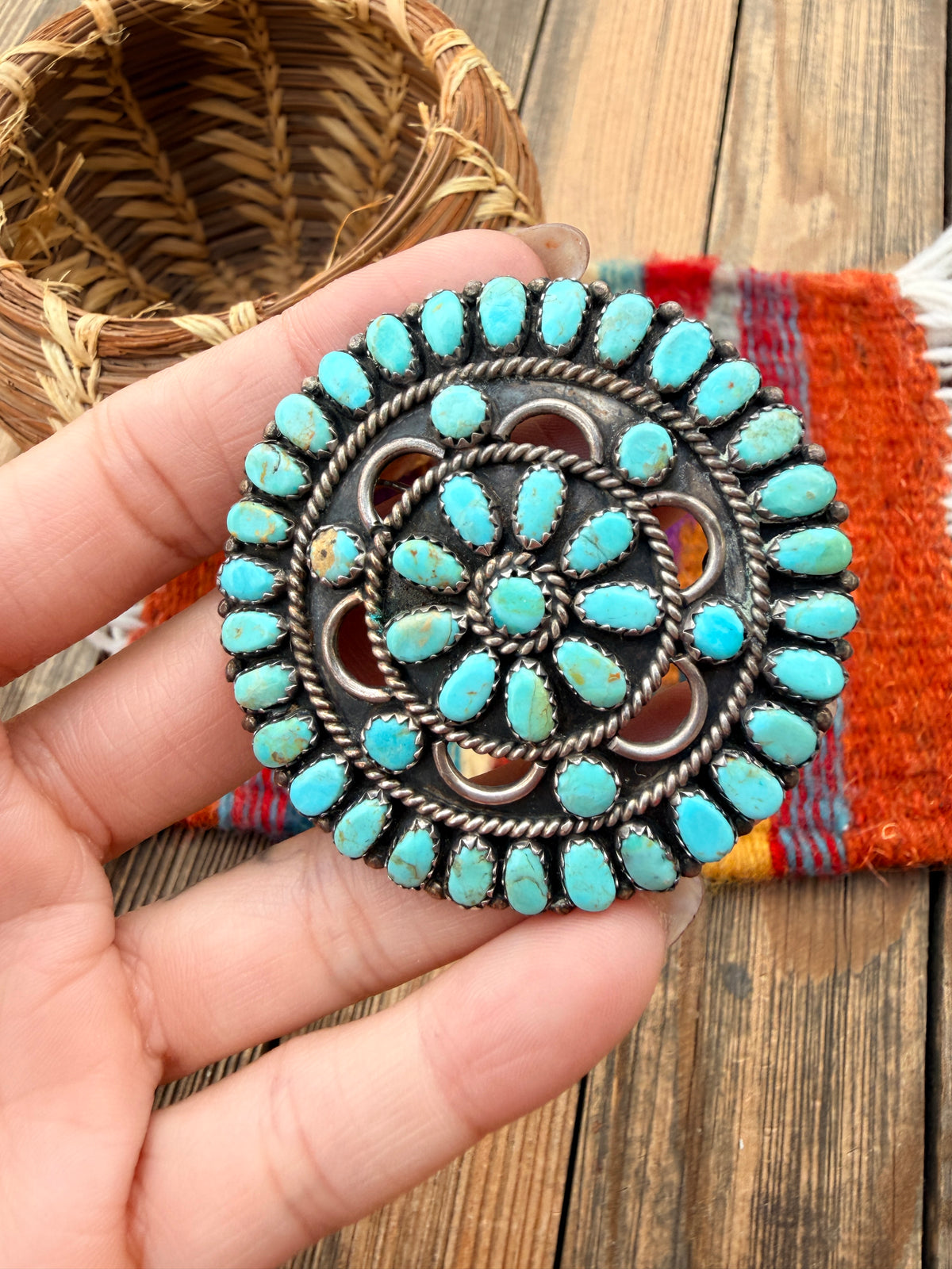 Old Pawn Handcrafted Turquoise and Sterling Silver Cluster Brooch/ Pendant