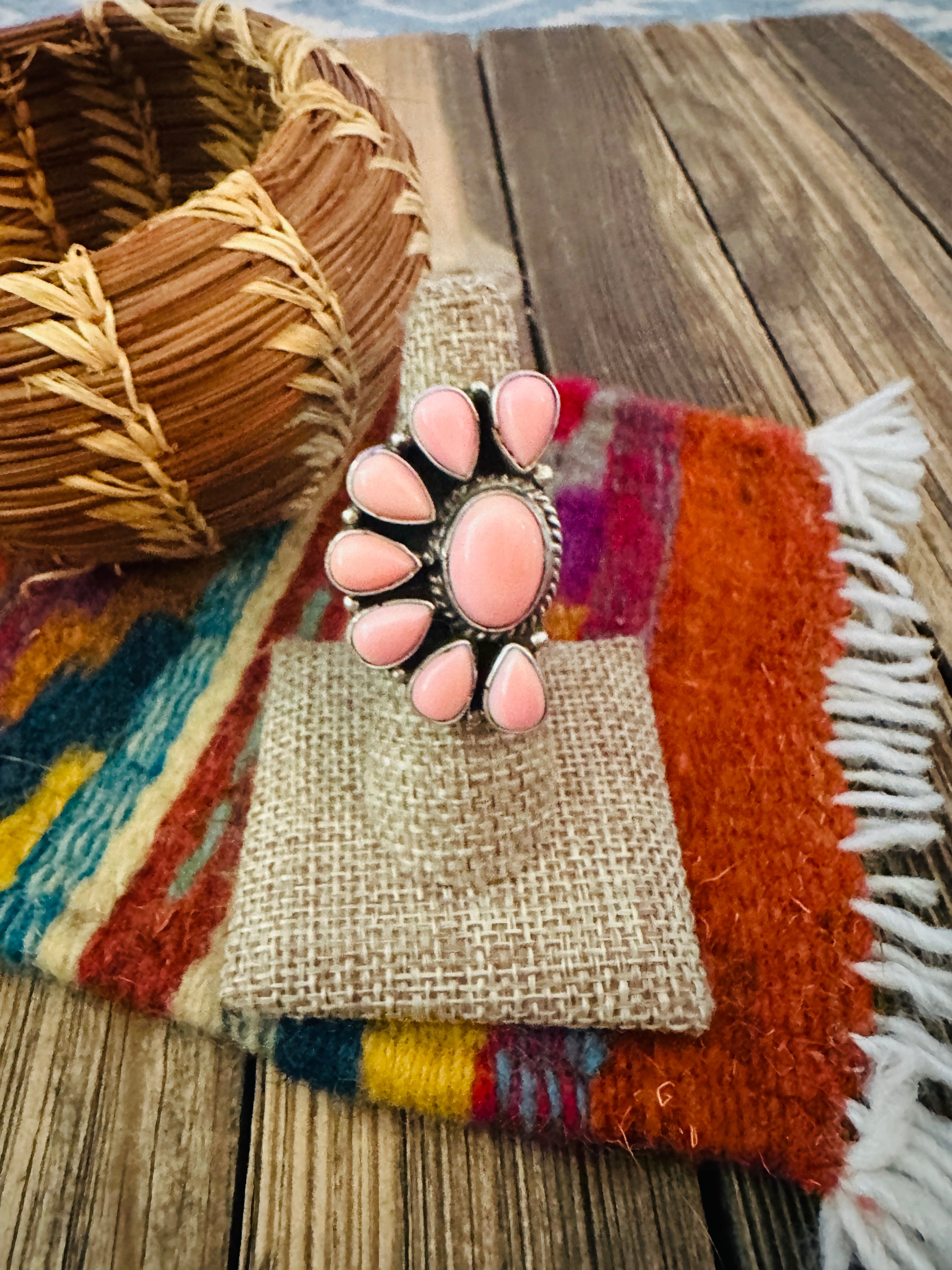 Handcrafted Queen Pink Conch & Sterling Silver Cluster Adjustable Ring
