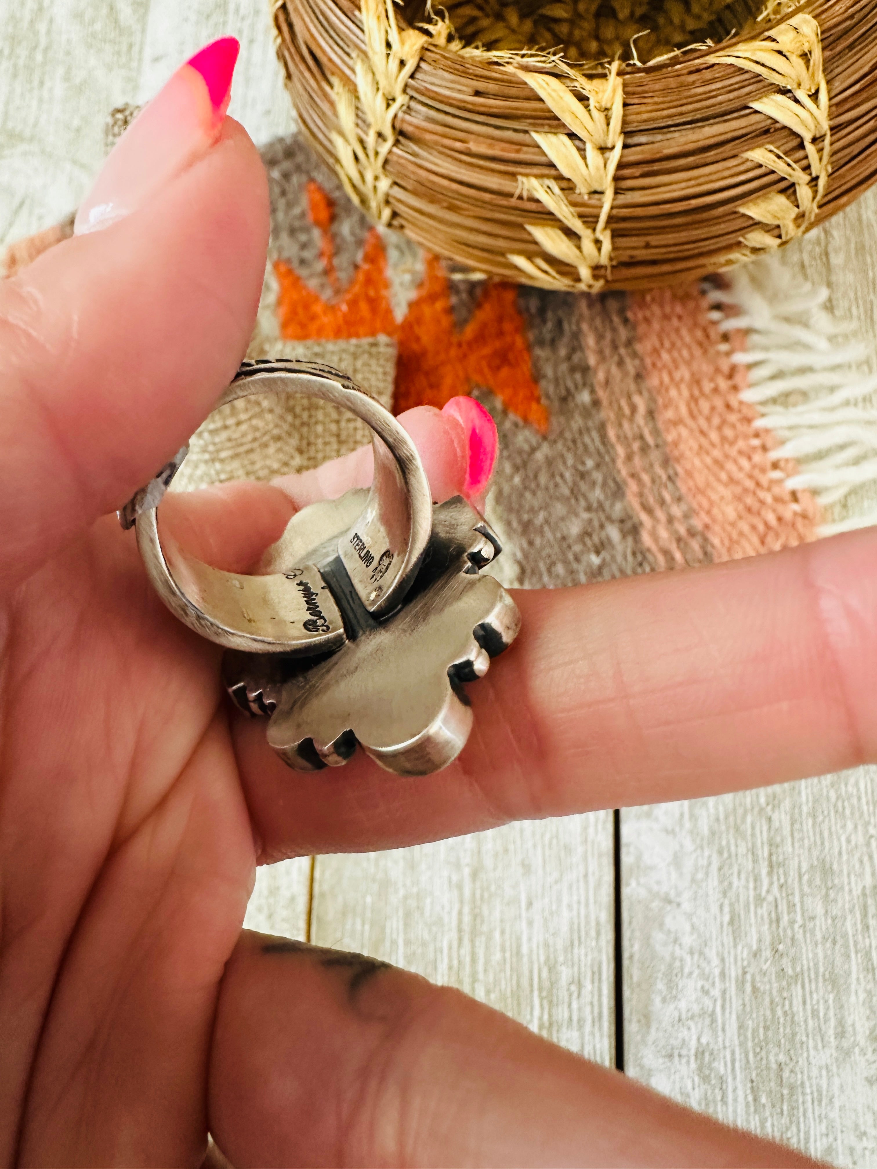 Navajo Sterling Silver, Turquoise & Spiny Oyster Ring by Bernyse Chavez and Angela Martin, Size 8