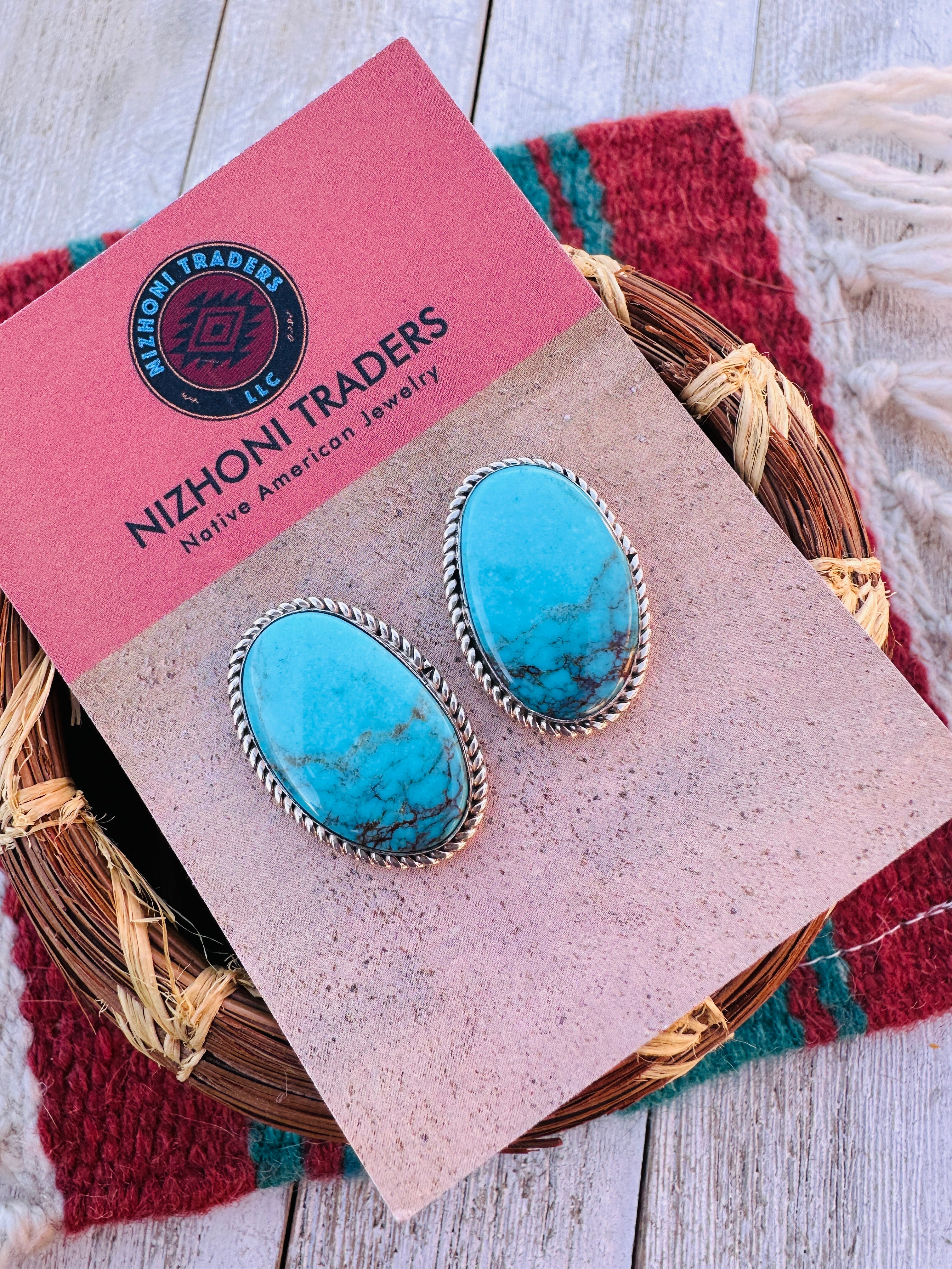 Handcrafted Kingman Turquoise & Sterling Silver Post Earrings