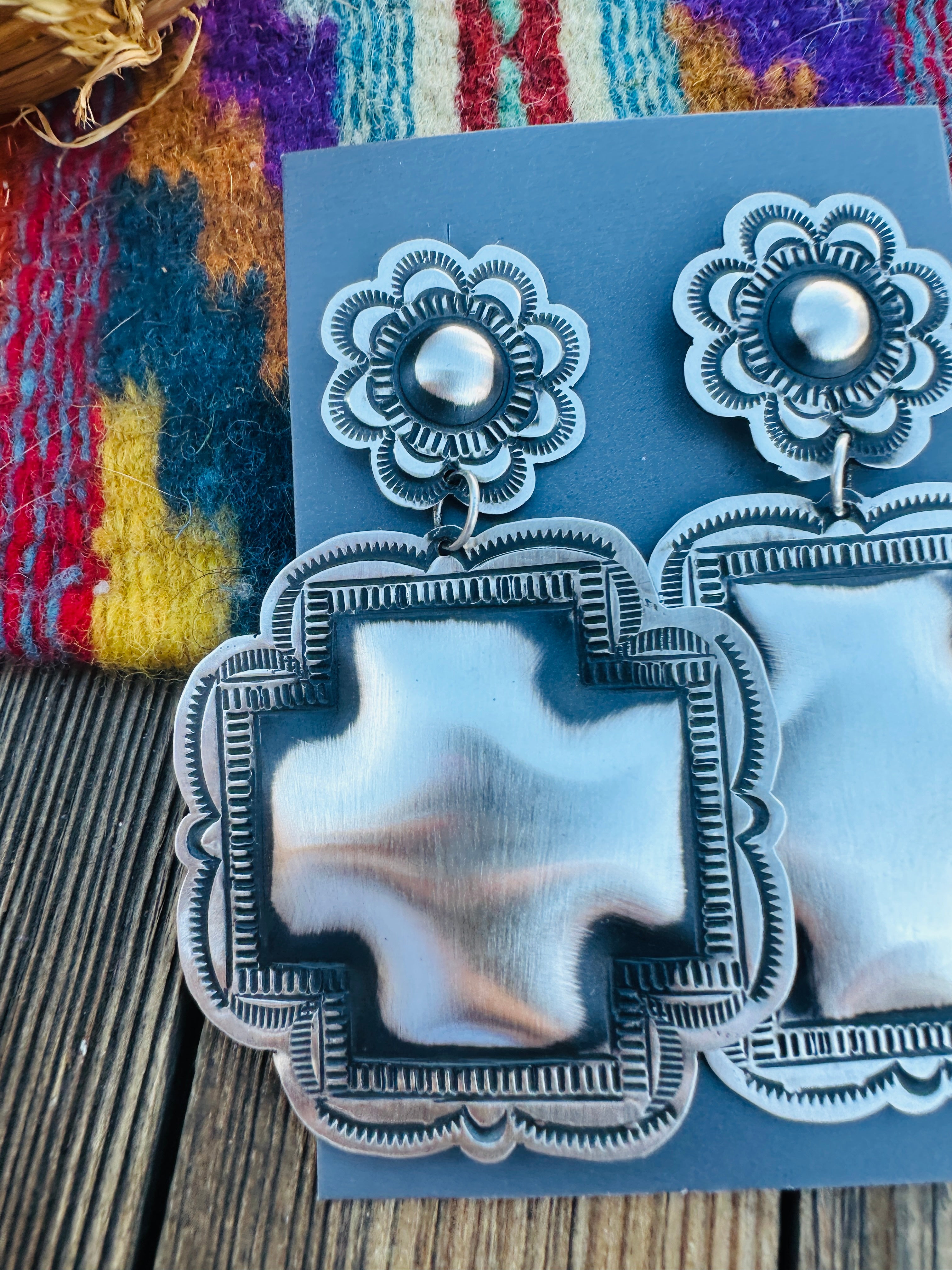 Handcrafted Sterling Silver Concho Cross Dangle Earrings by Leander Tahe