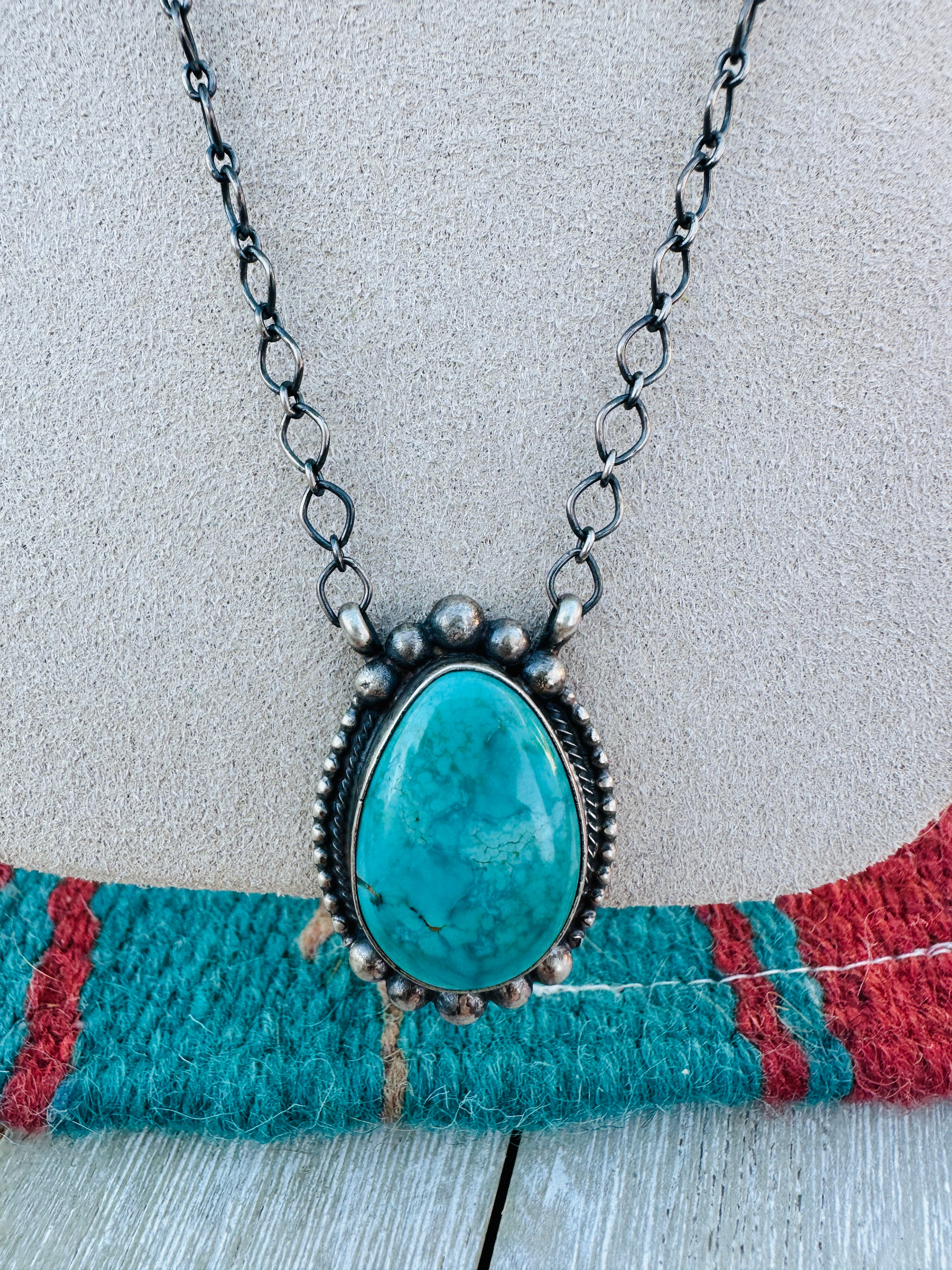 Handcrafted Sterling Silver 18” Link Chain & Turquoise Necklace